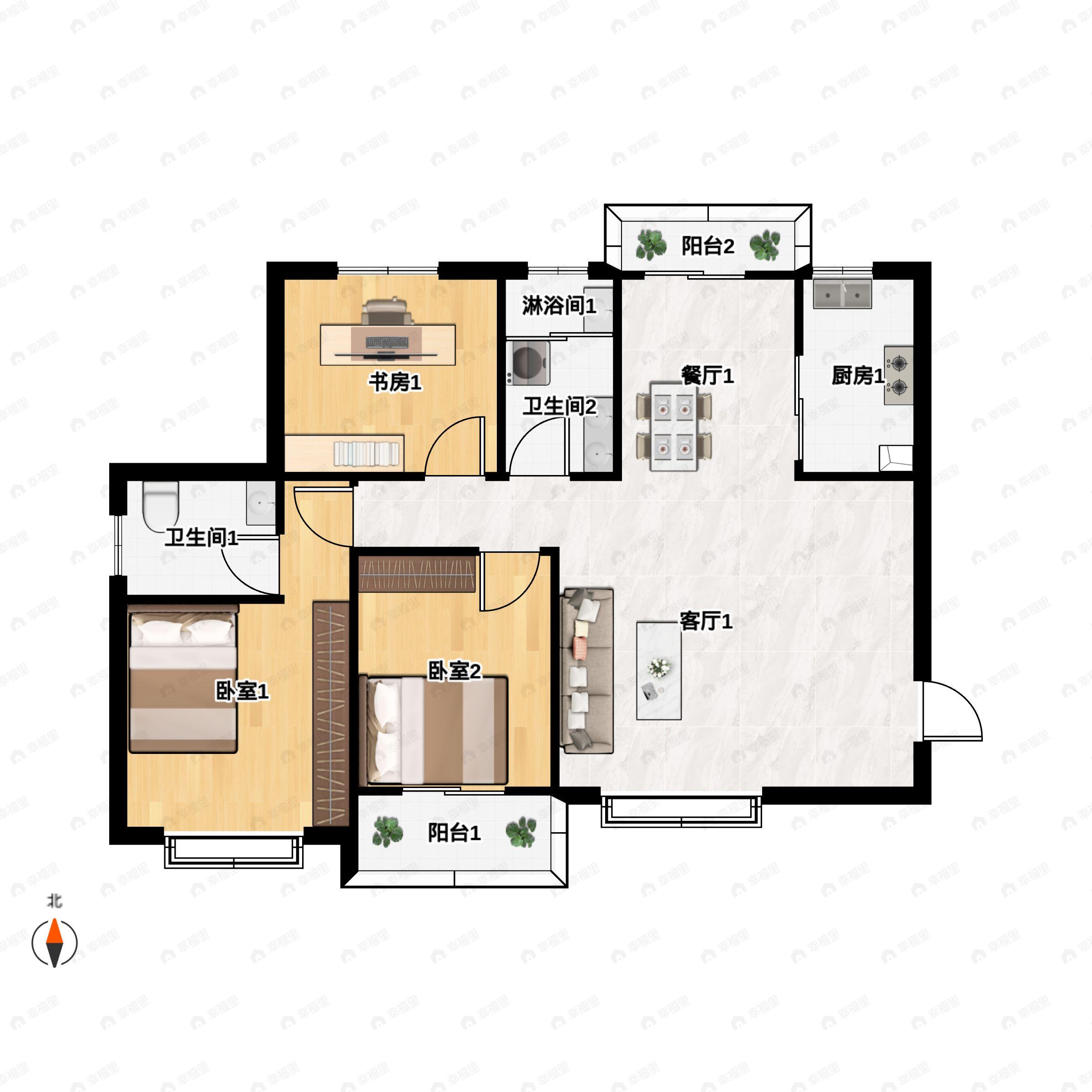 3室2厅2卫建面115平北|西|南户型图