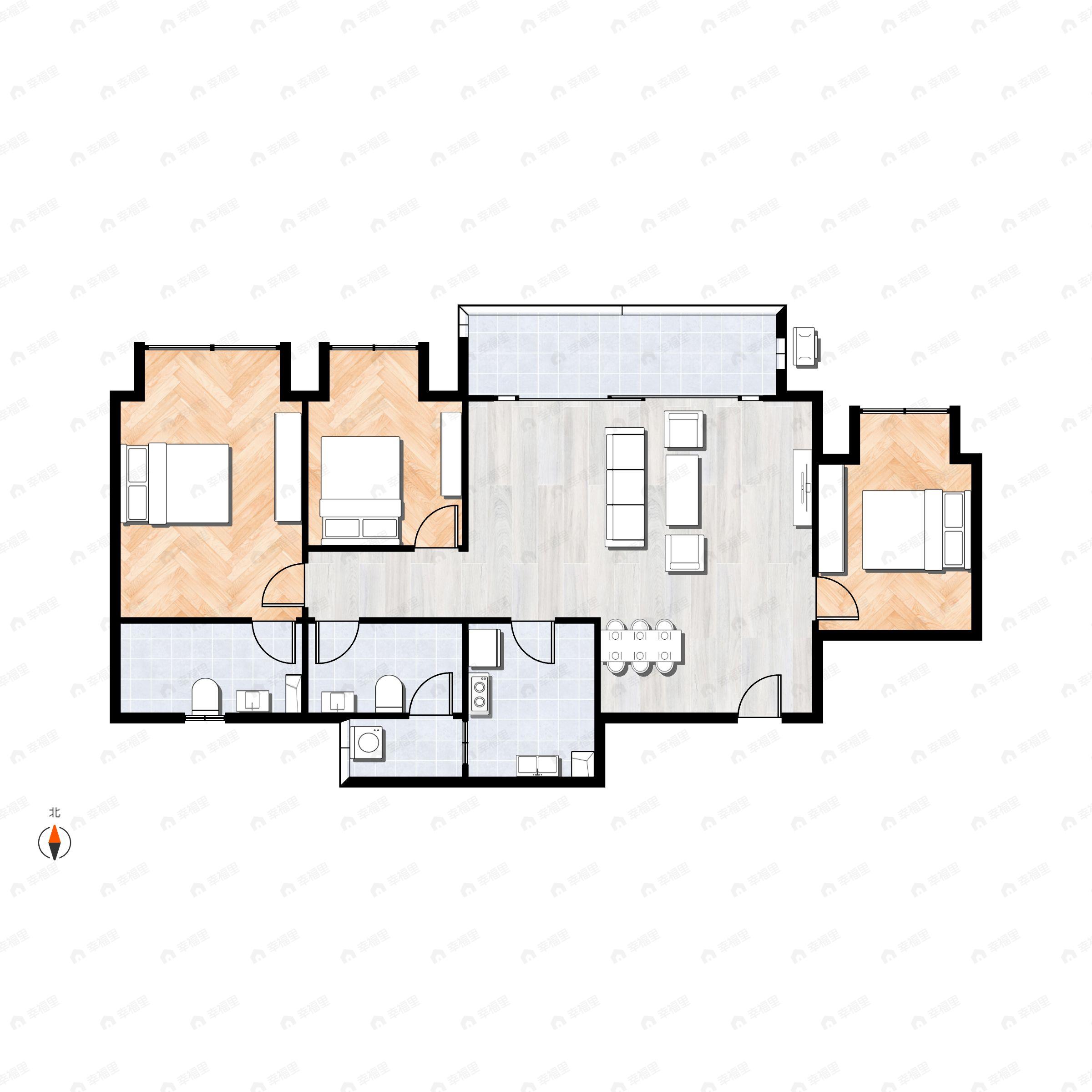 3室2厅2卫建面94m²南|北户型图