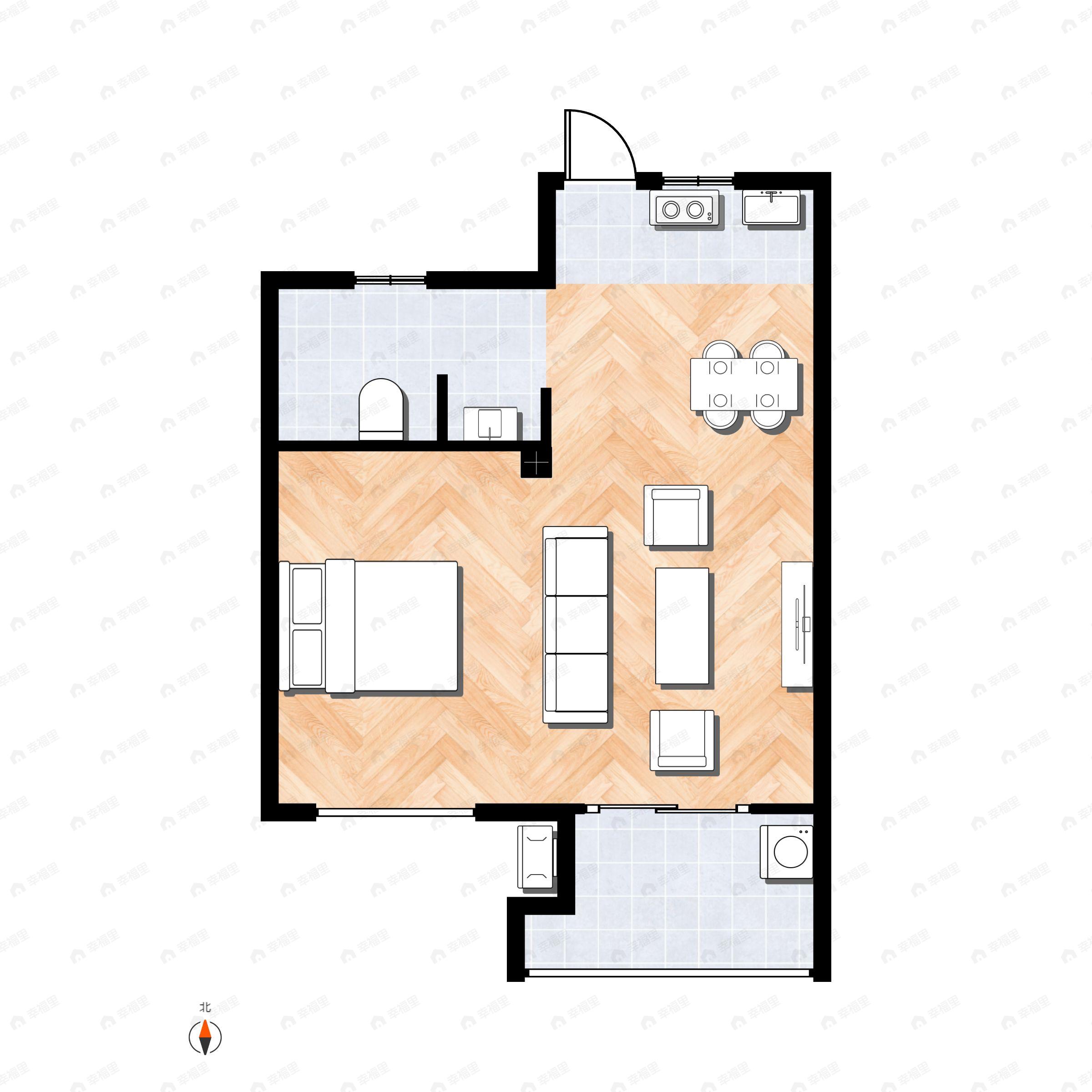 1室1厅1卫建面52m²南|北户型图