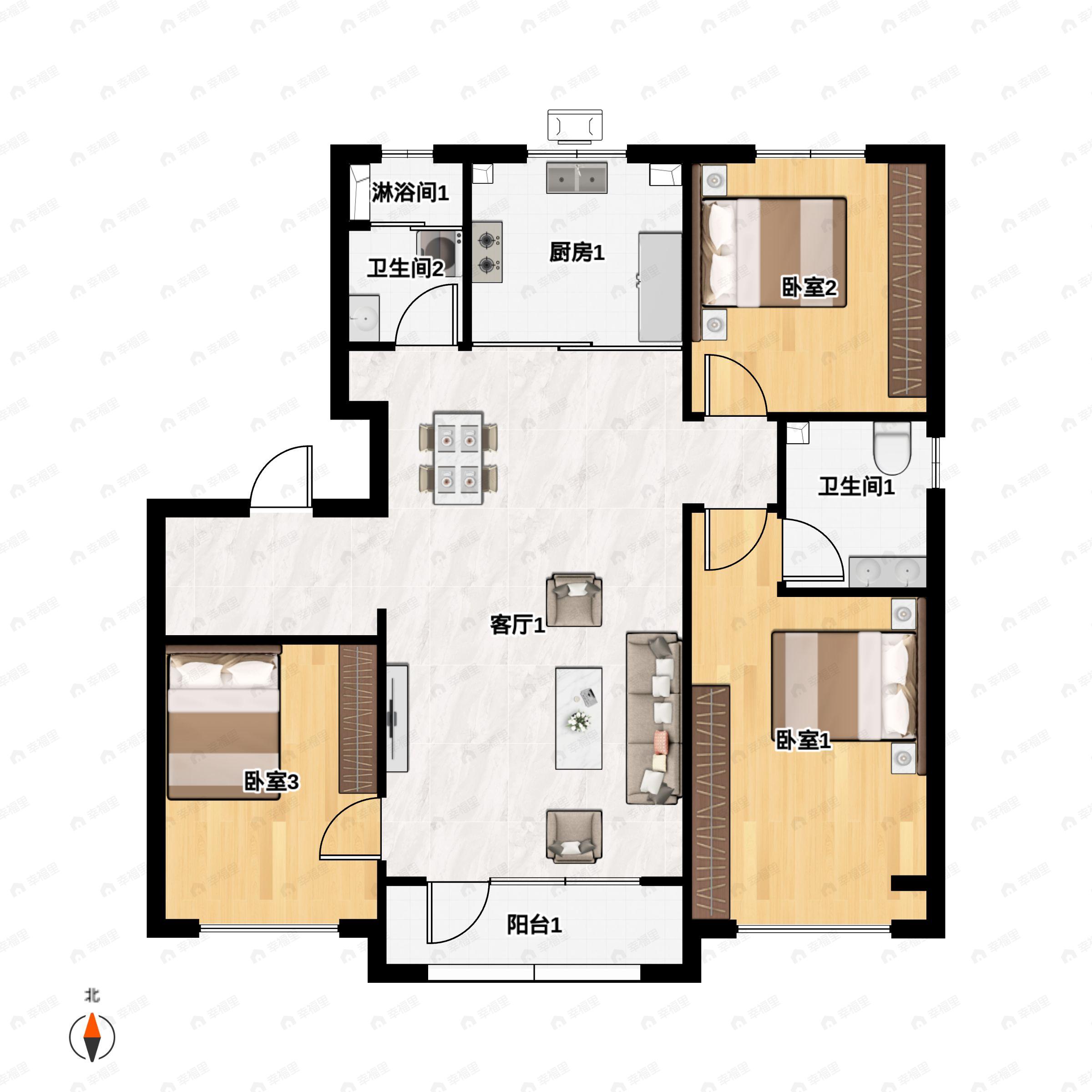 3室2厅2卫建面113平南户型图