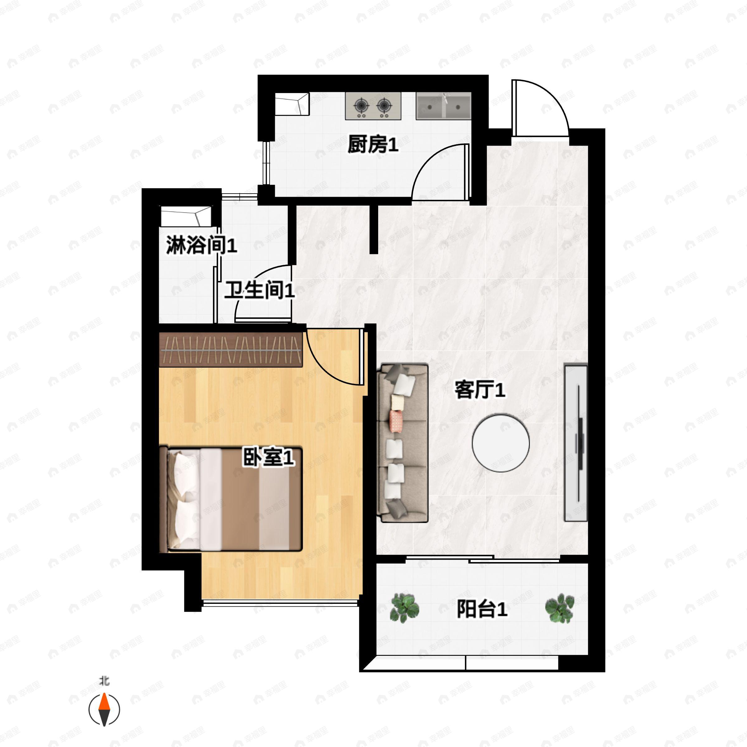 1室2厅1卫建面61平户型图