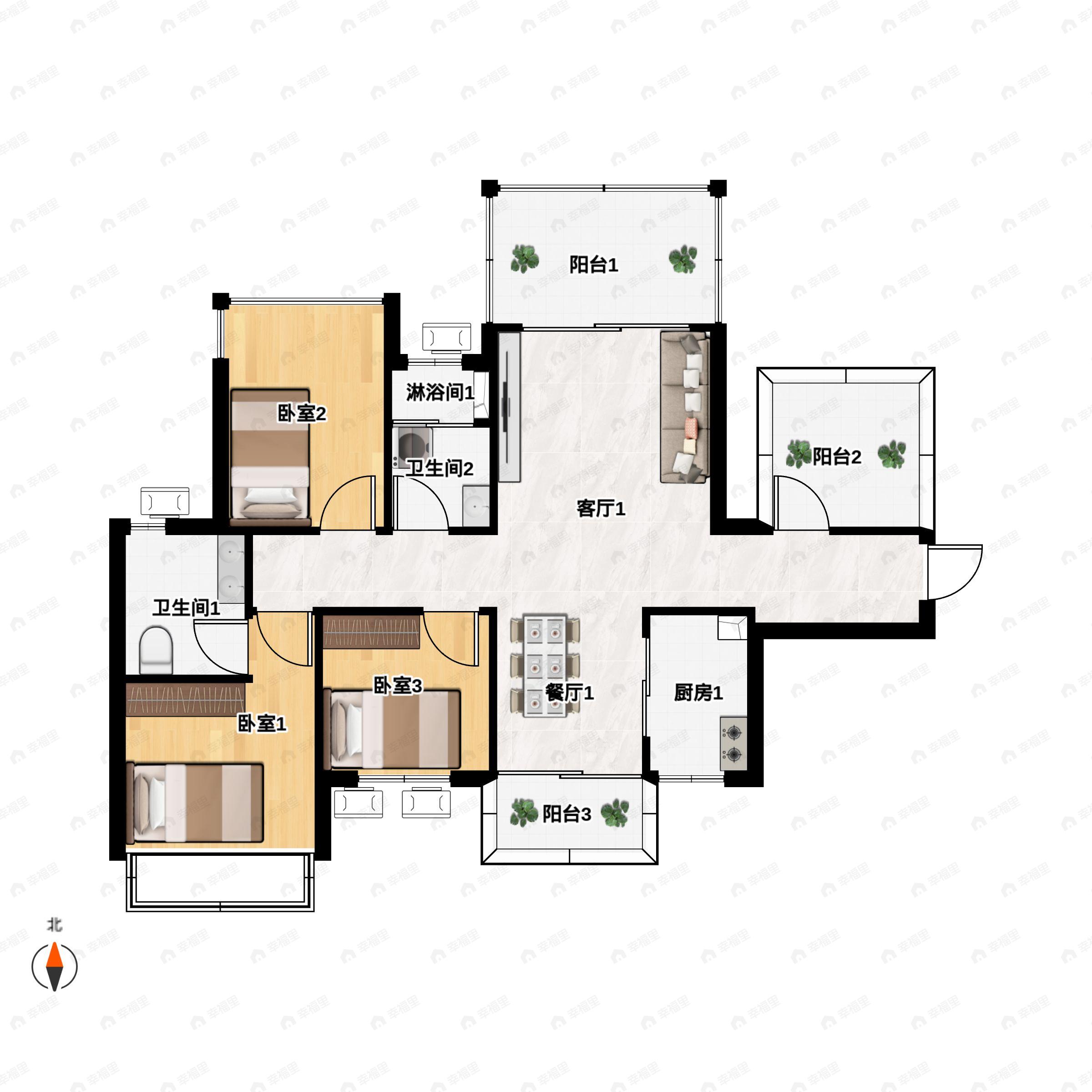 3室2厅2卫建面100平户型图