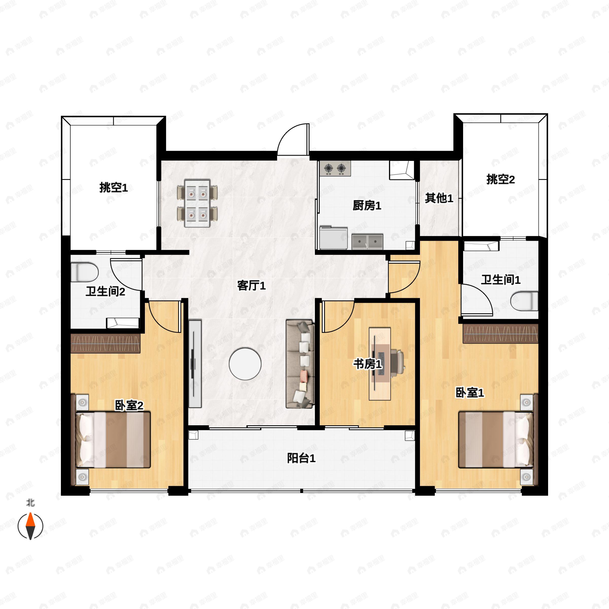 3室2厅2卫建面109m²北|南户型图