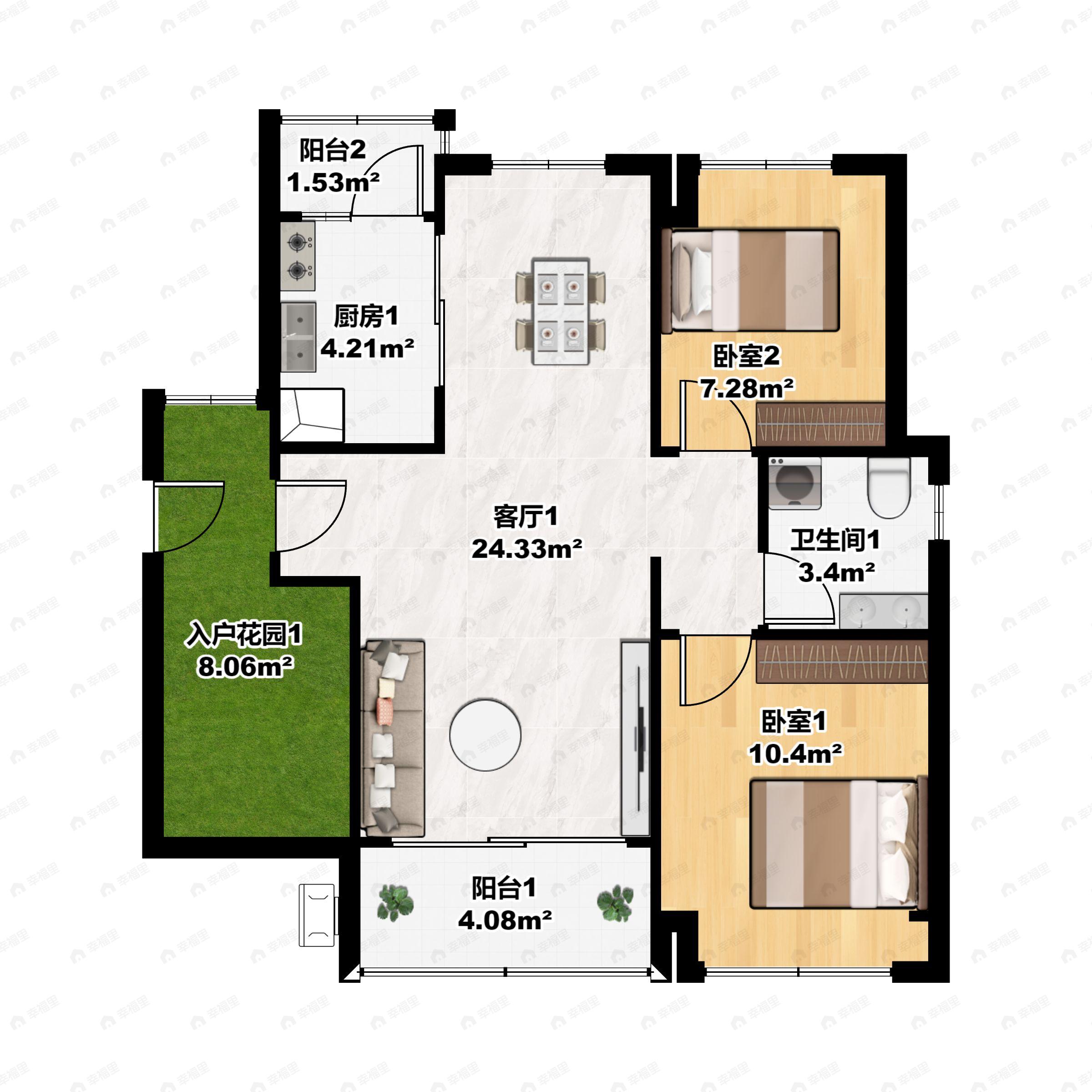 3室2厅1卫建面77平南户型图