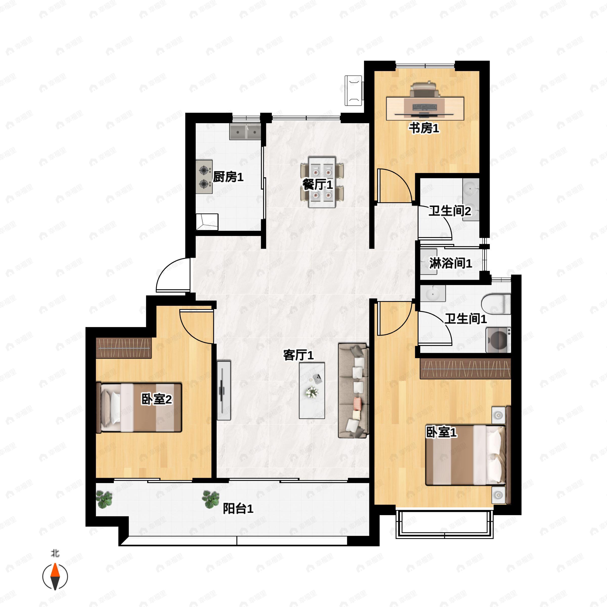 3室2厅2卫建面130平南户型图