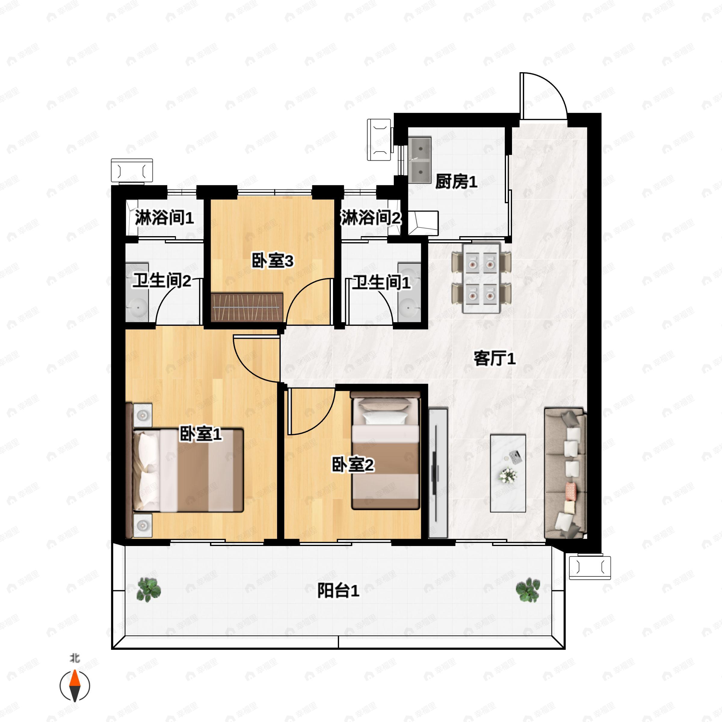 3室2厅2卫建面87平户型图