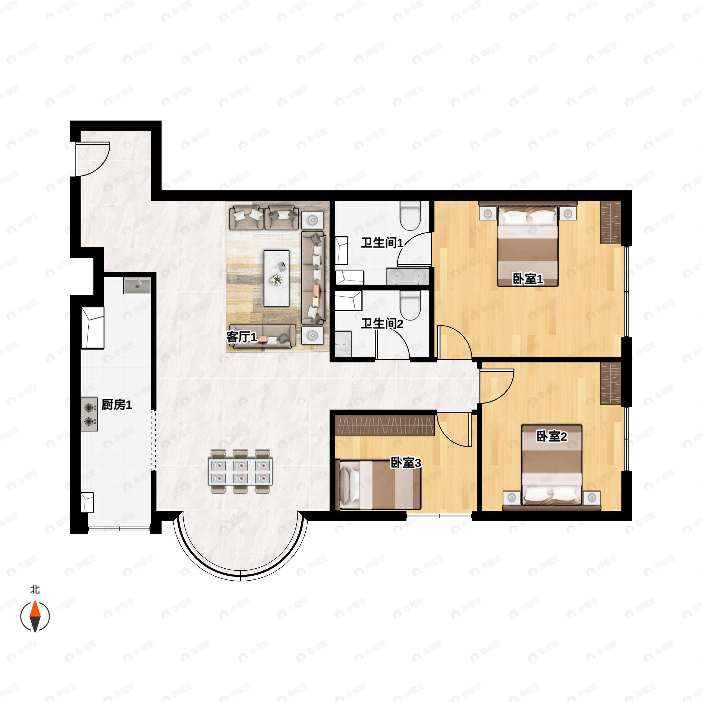 3室2厅2卫建面128平户型图