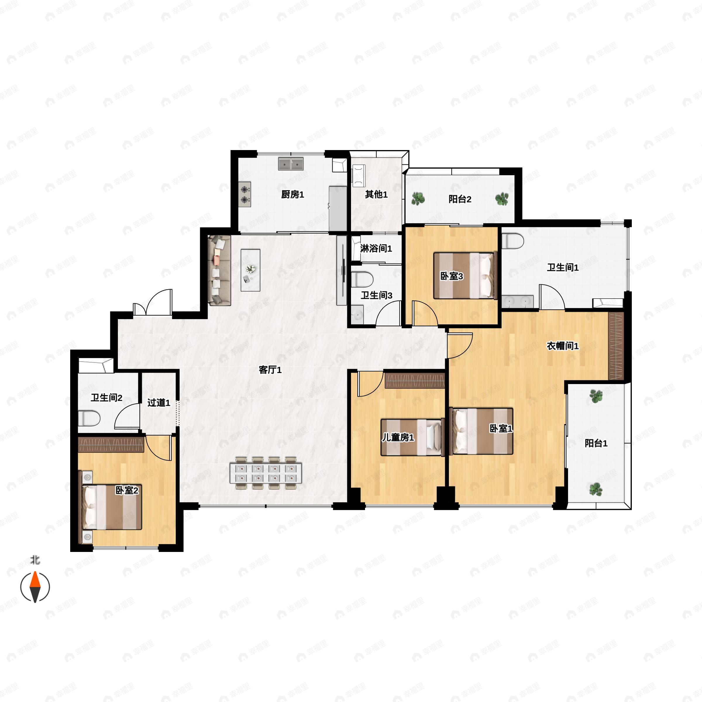 4室2厅3卫建面188m²南户型图