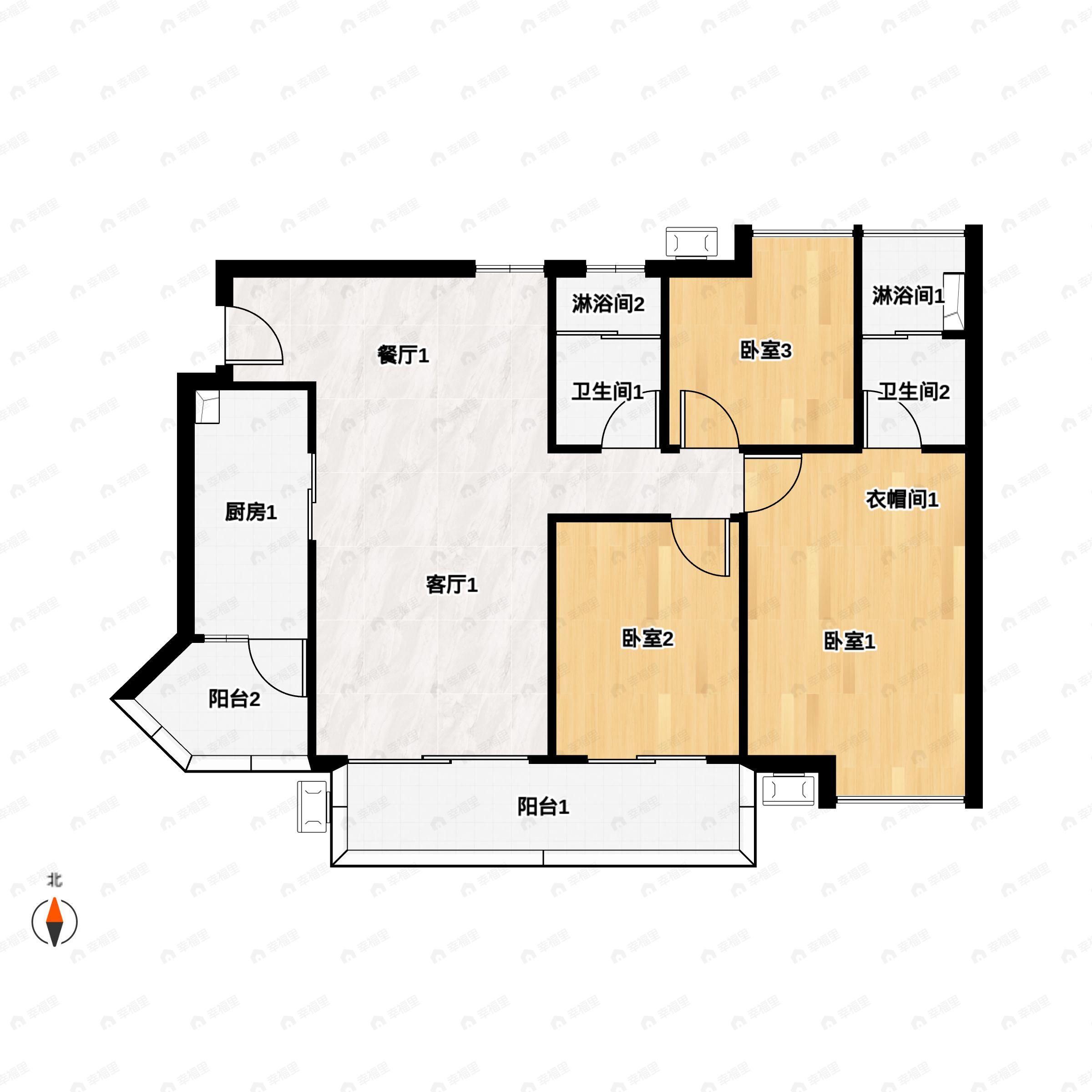 3室2厅2卫建面109m²南户型图