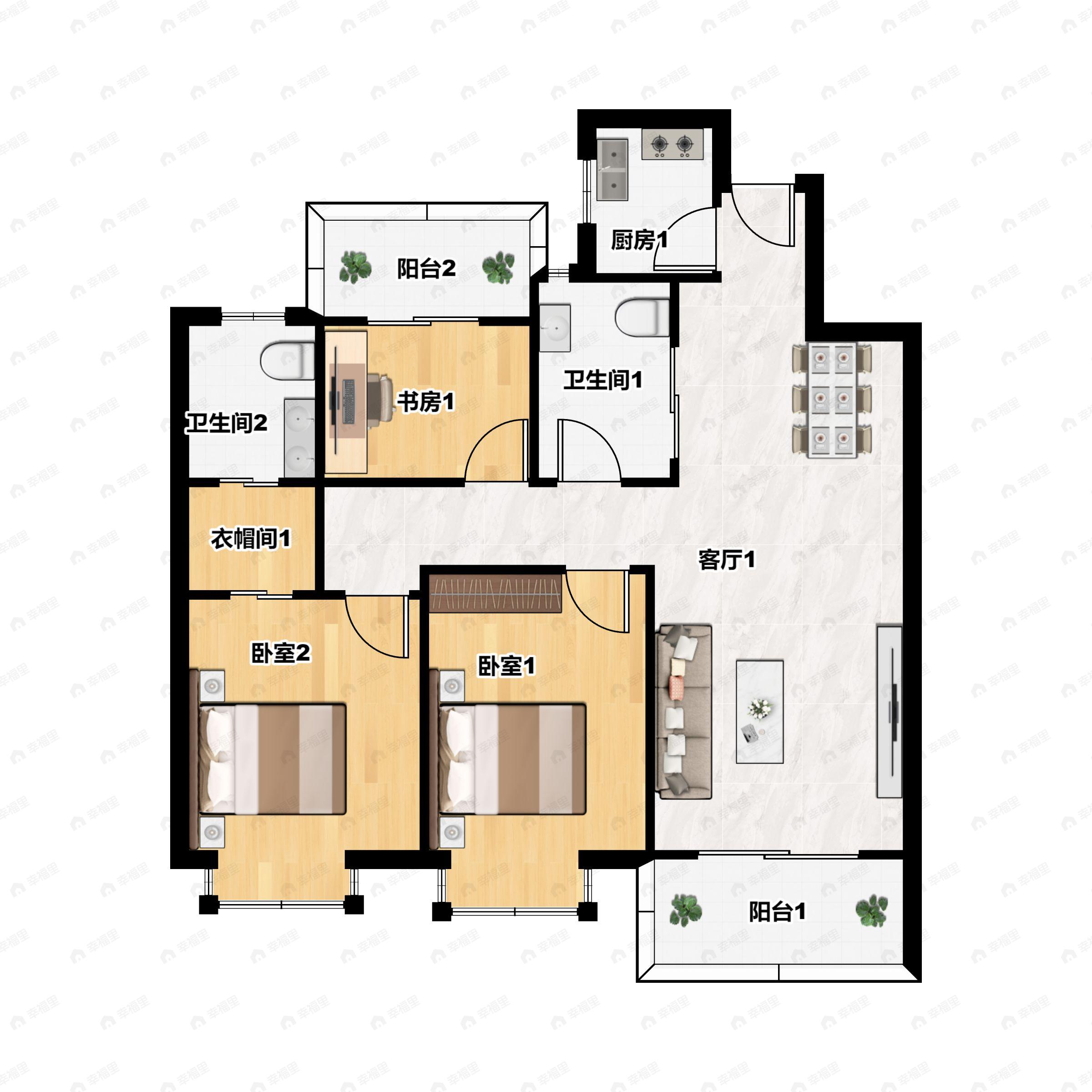 3室2厅2卫建面103m²南户型图