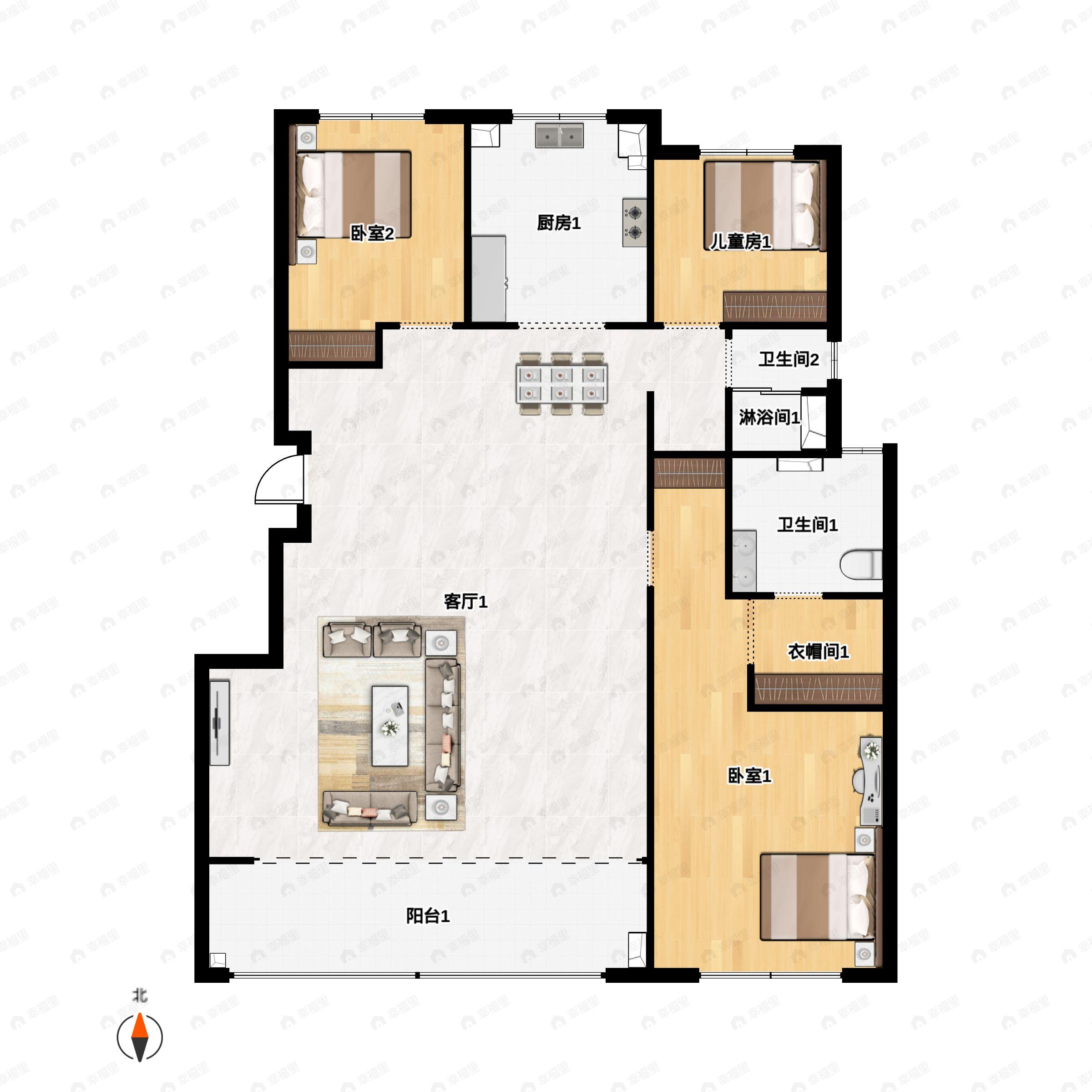 3室2厅2卫建面125m²南户型图