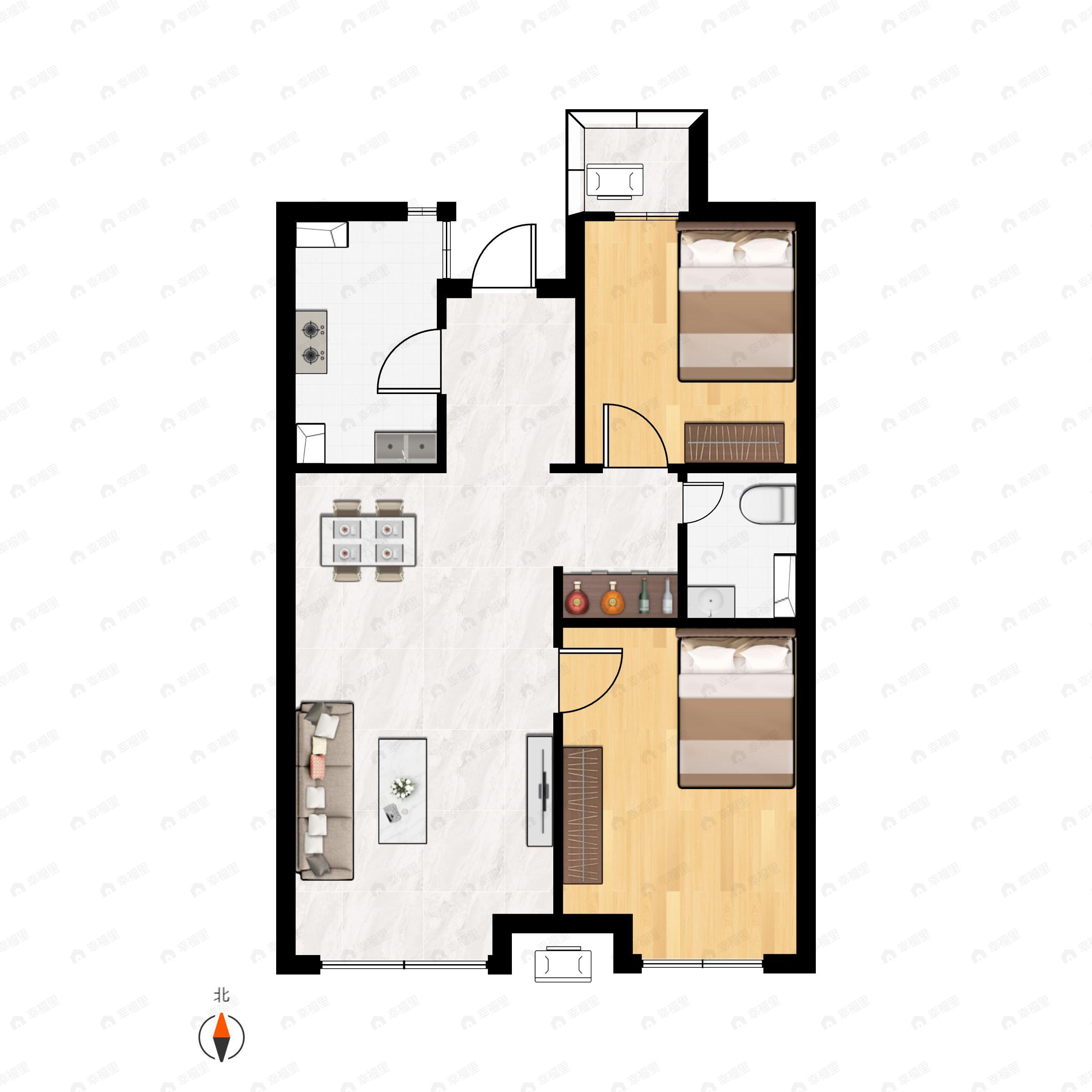 2室2厅1卫建面74平户型图