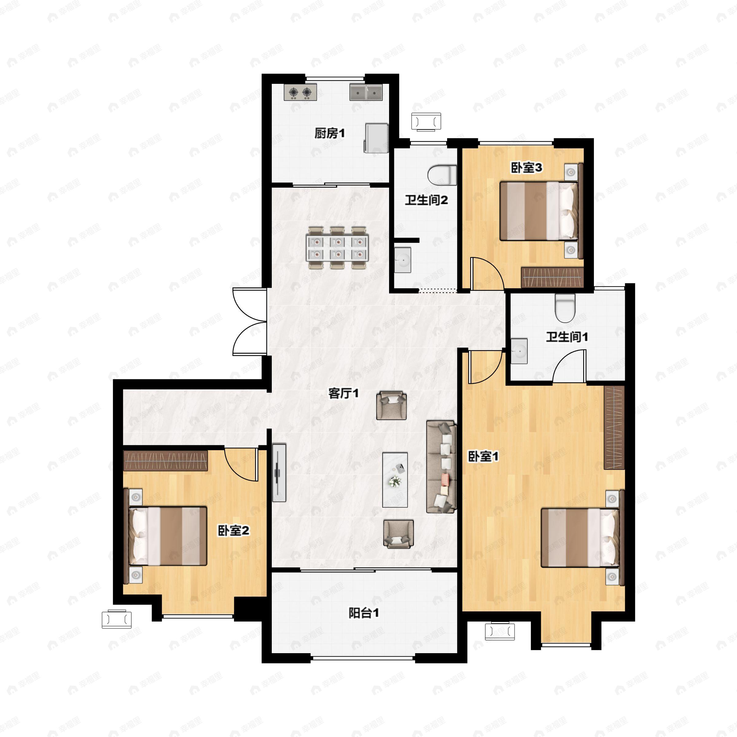 3室2厅2卫建面137m²南户型图