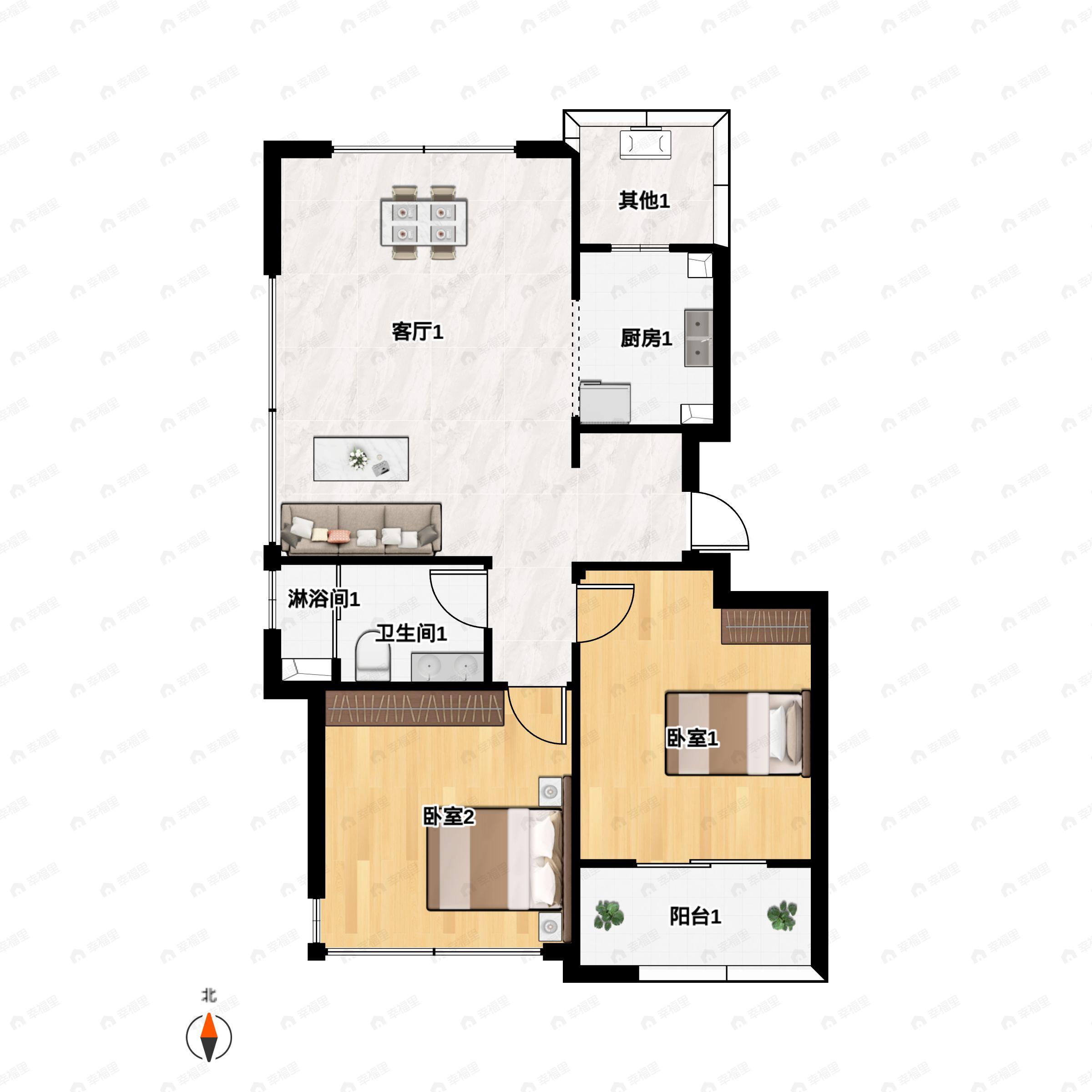 2室2厅1卫建面85m²南|北户型图