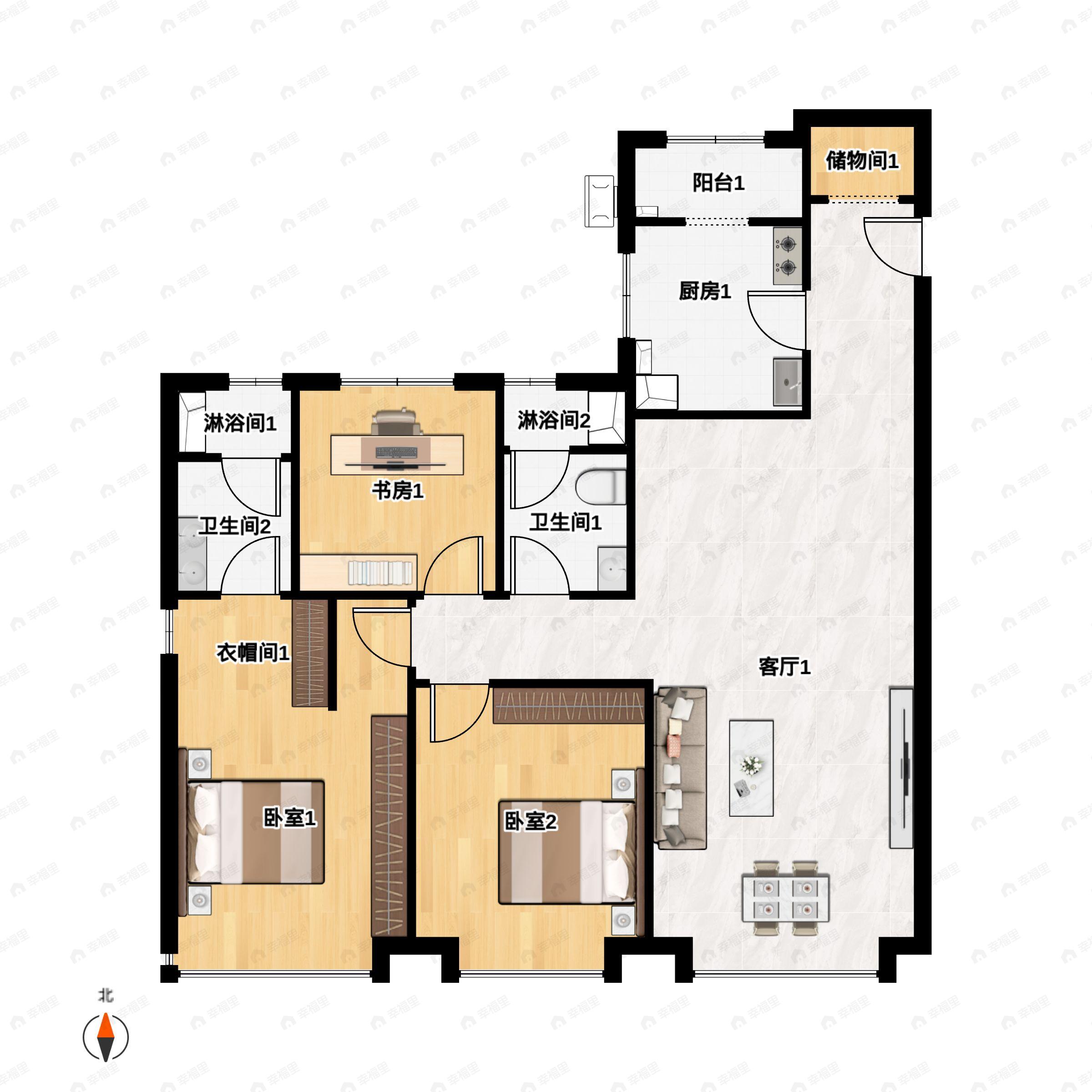 3室2厅2卫建面122平西|东户型图
