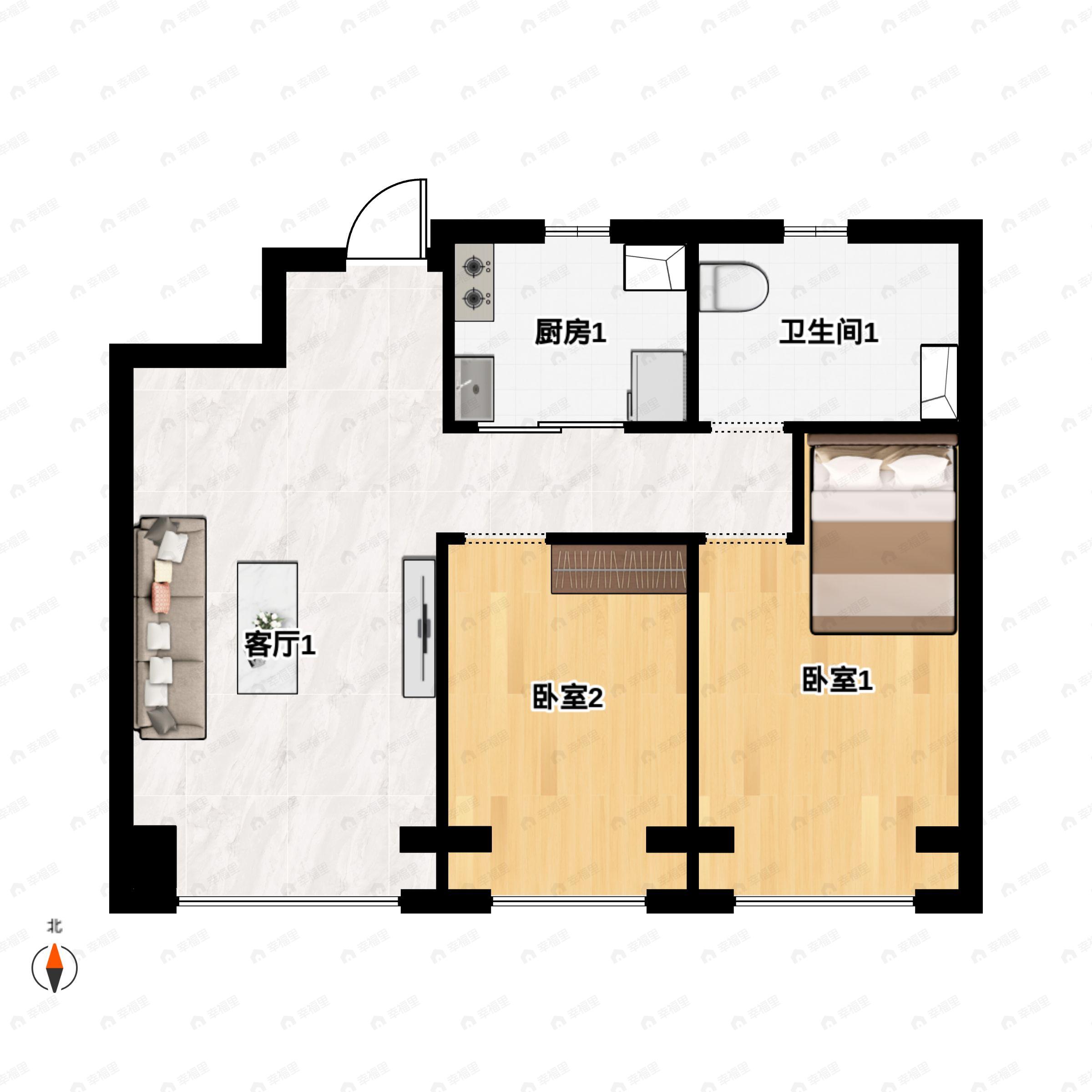2室2厅1卫建面85m²南|北户型图