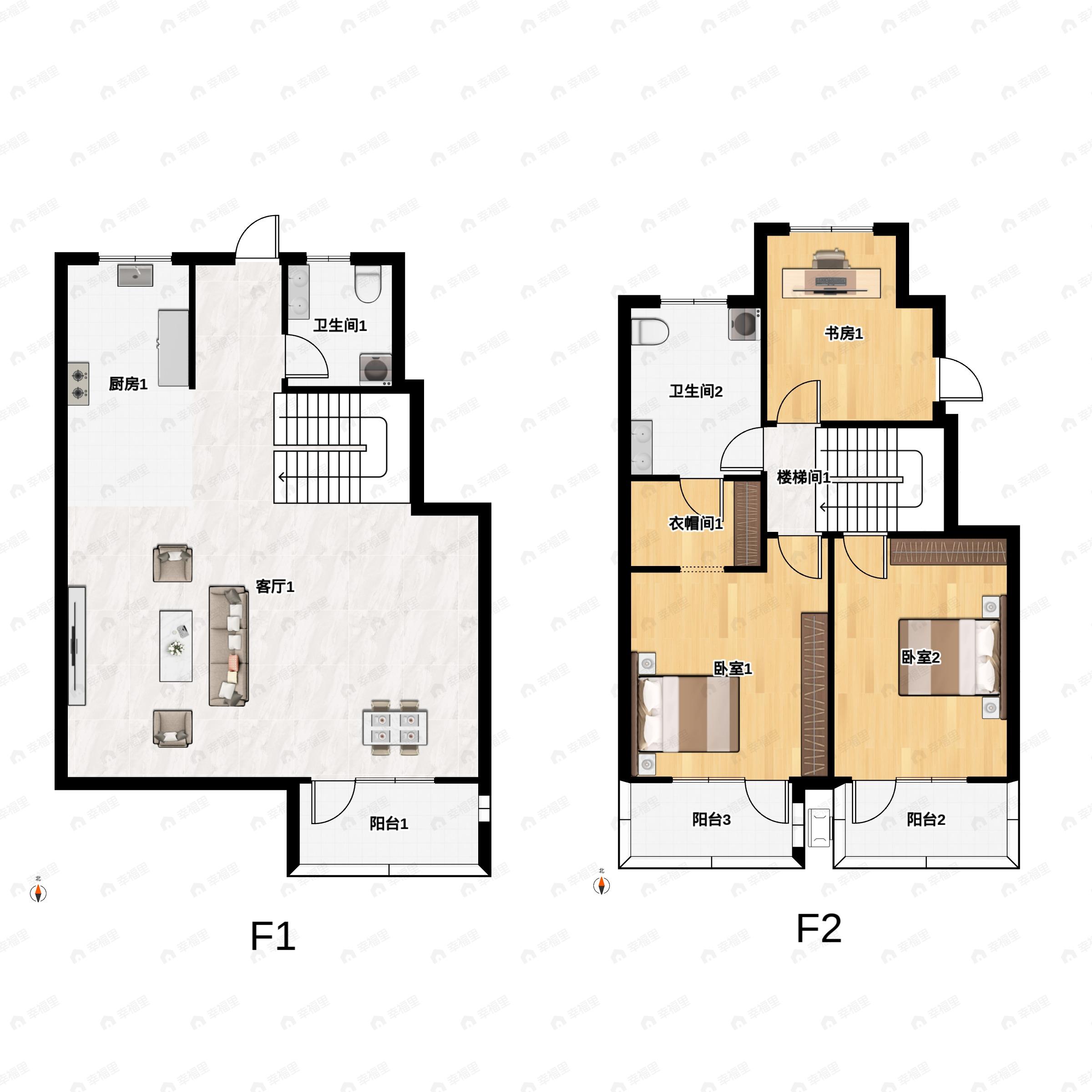 2室3厅2卫建面140m²南|北户型图