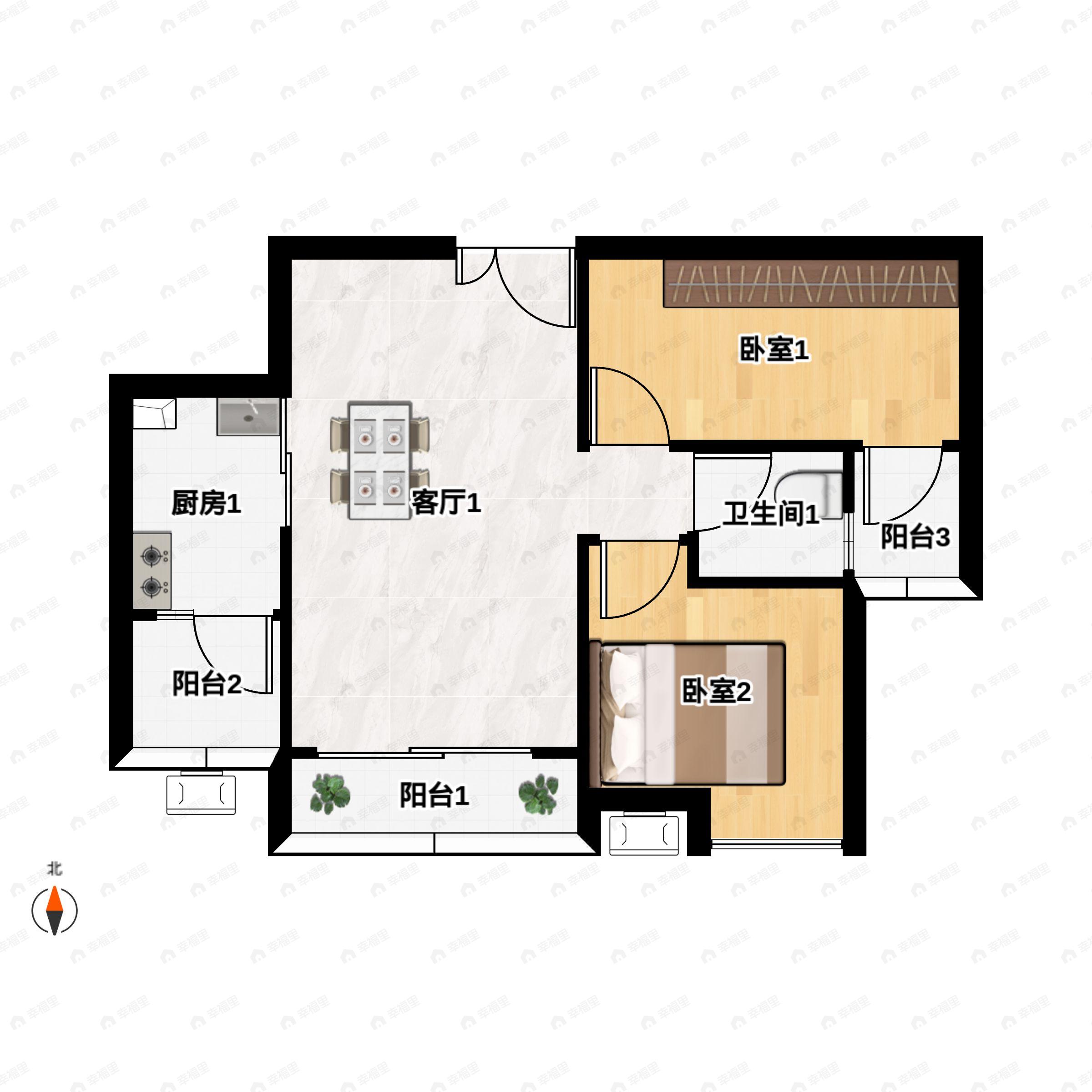 2室2厅1卫建面74平户型图