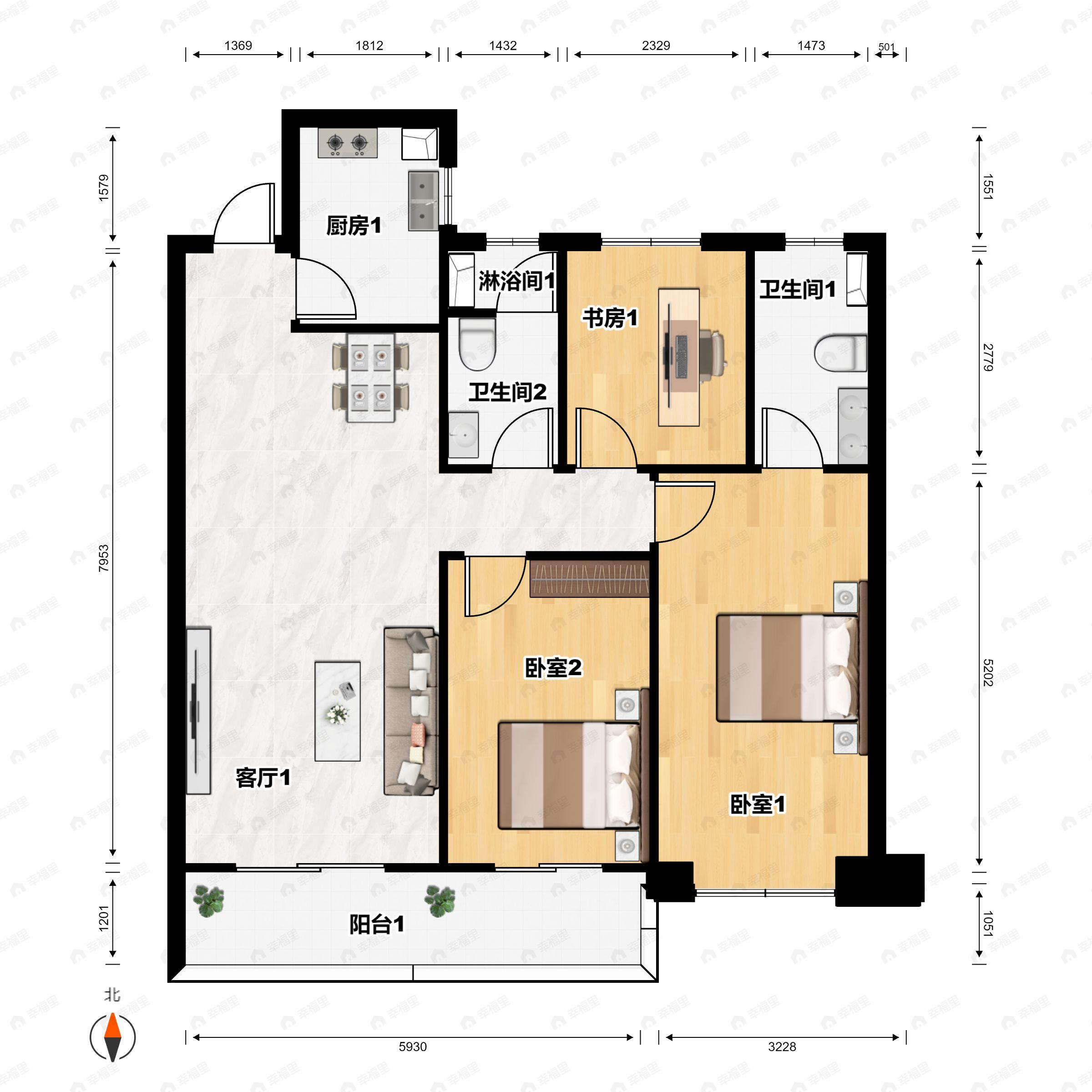 3室2厅2卫建面120平南户型图