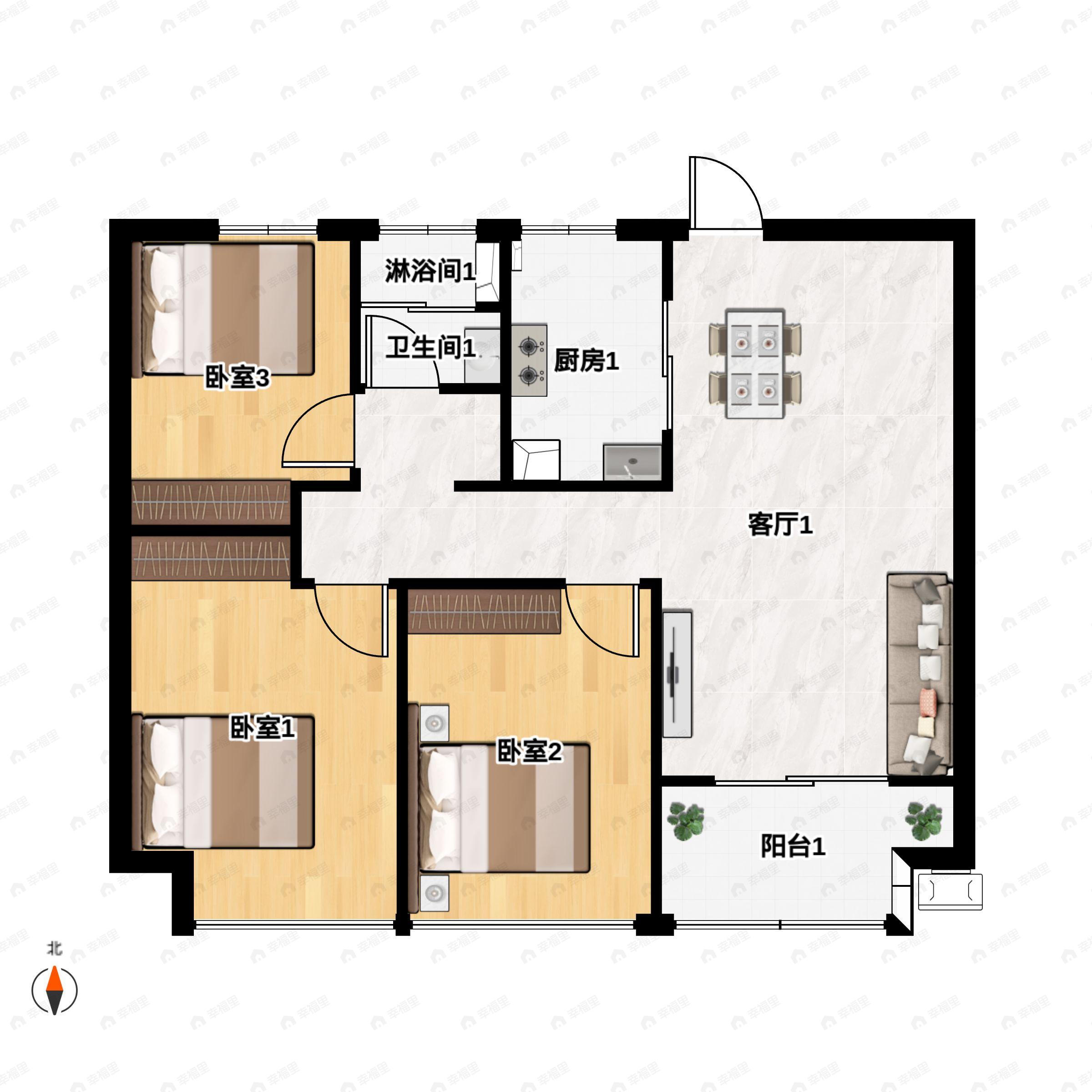 3室2厅1卫建面103平户型图