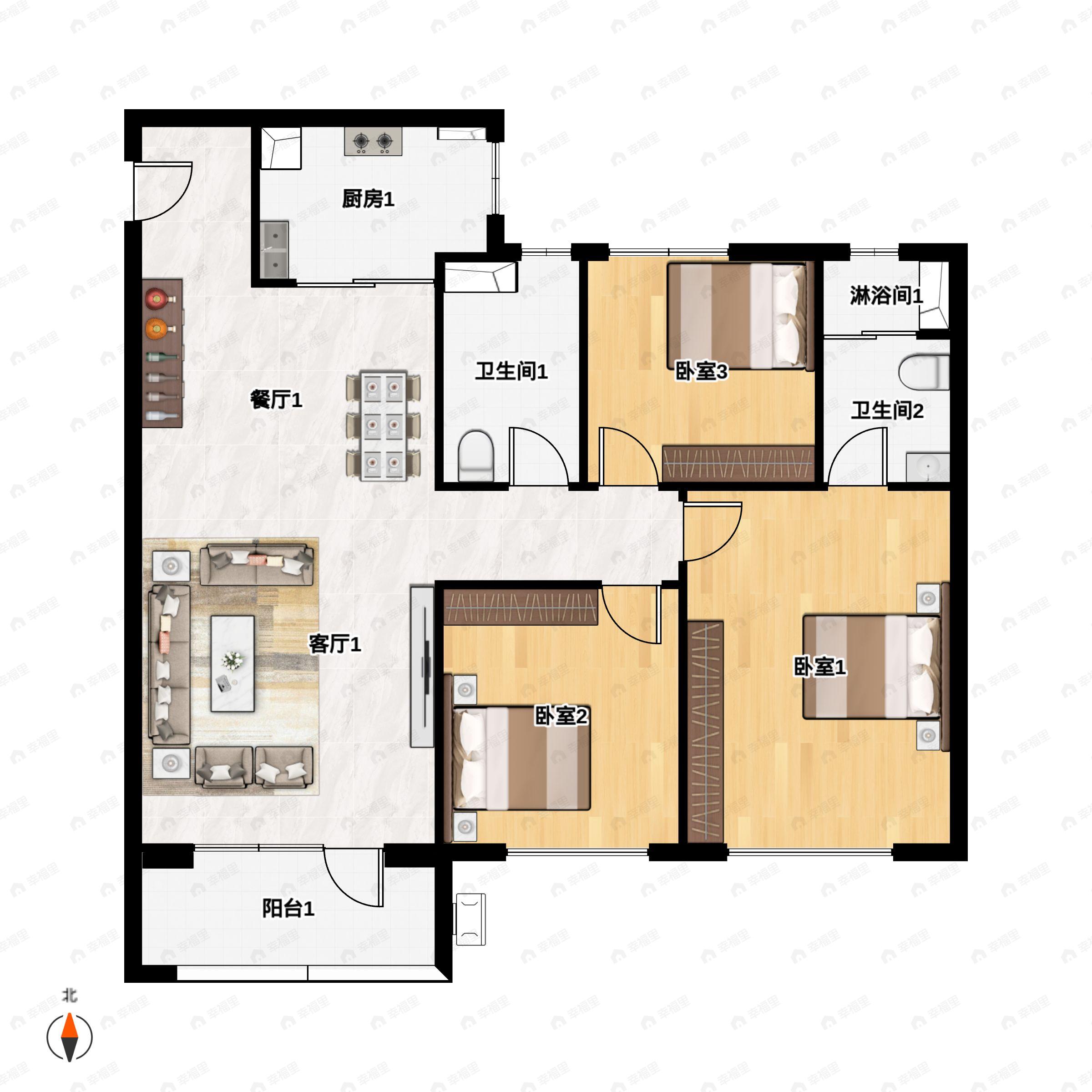 3室2厅2卫建面115平北|南户型图