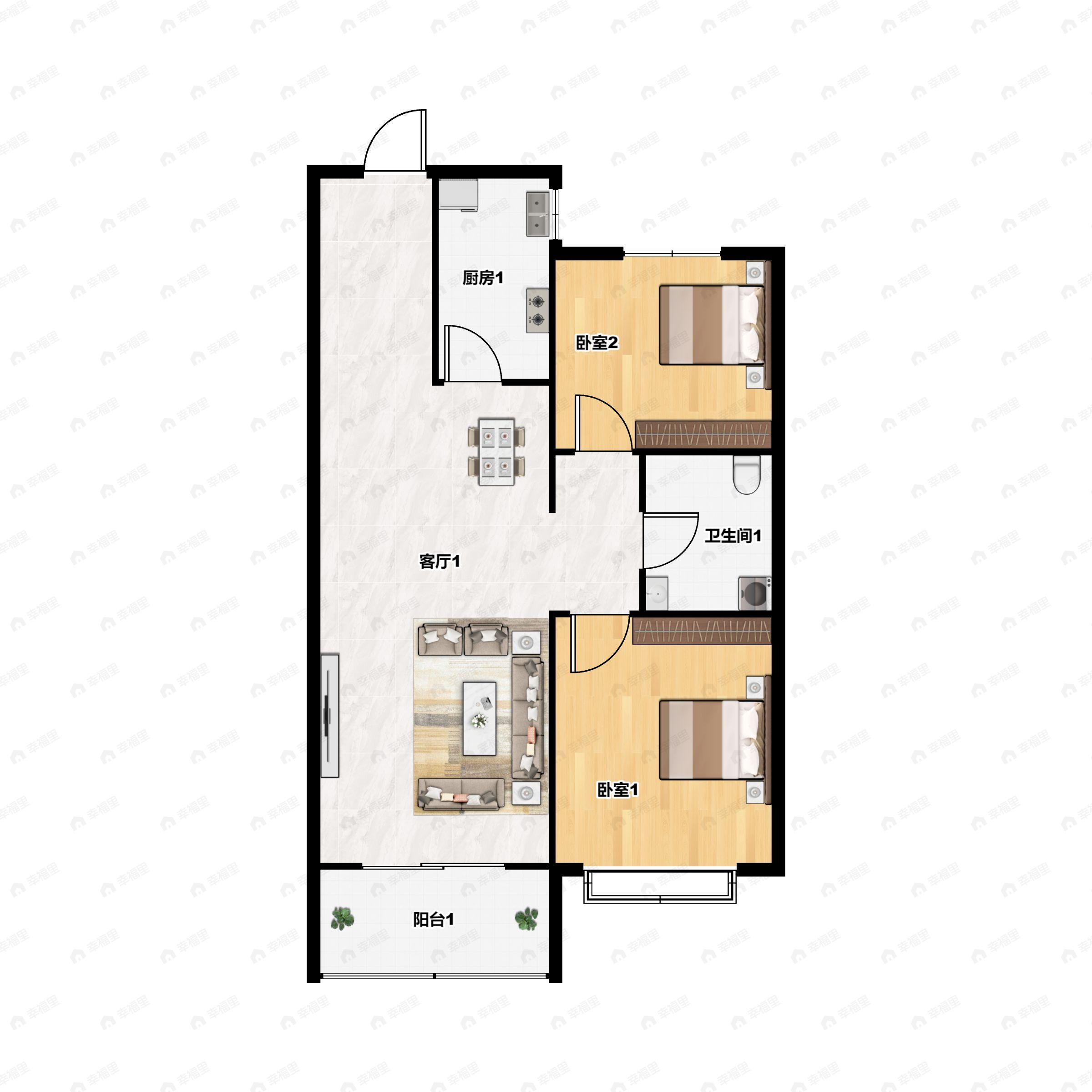 2室2厅1卫建面91m²南|北户型图