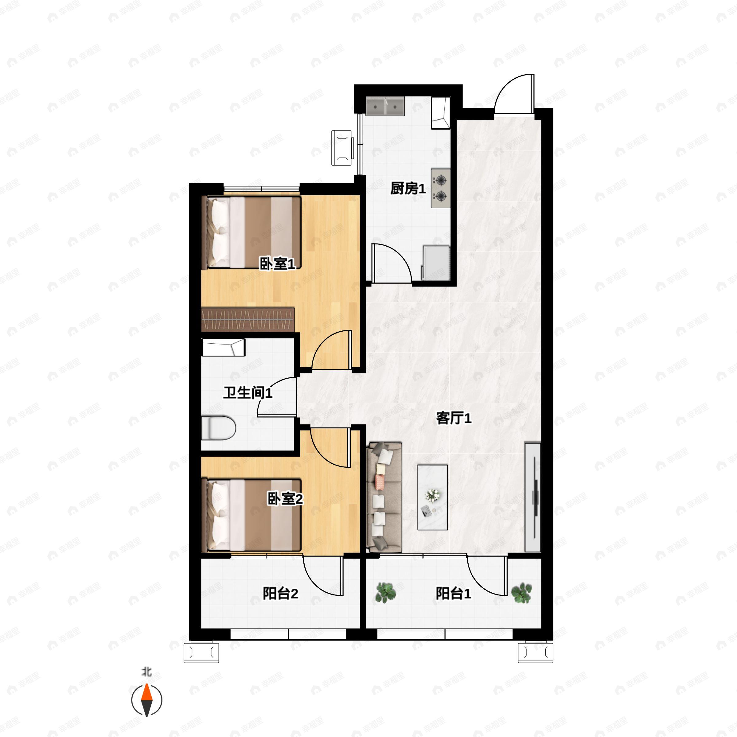 2室2厅1卫建面80平户型图
