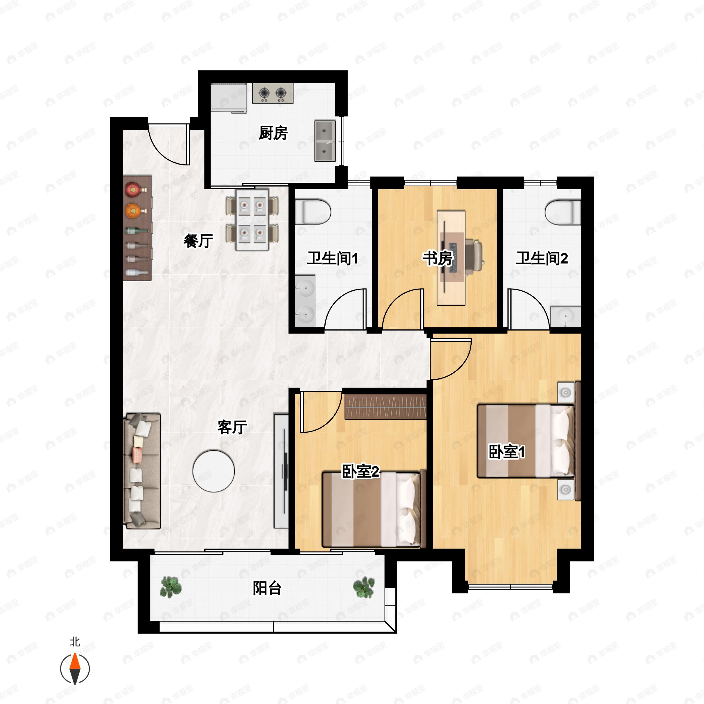 3室2厅2卫建面113m²北|南户型图