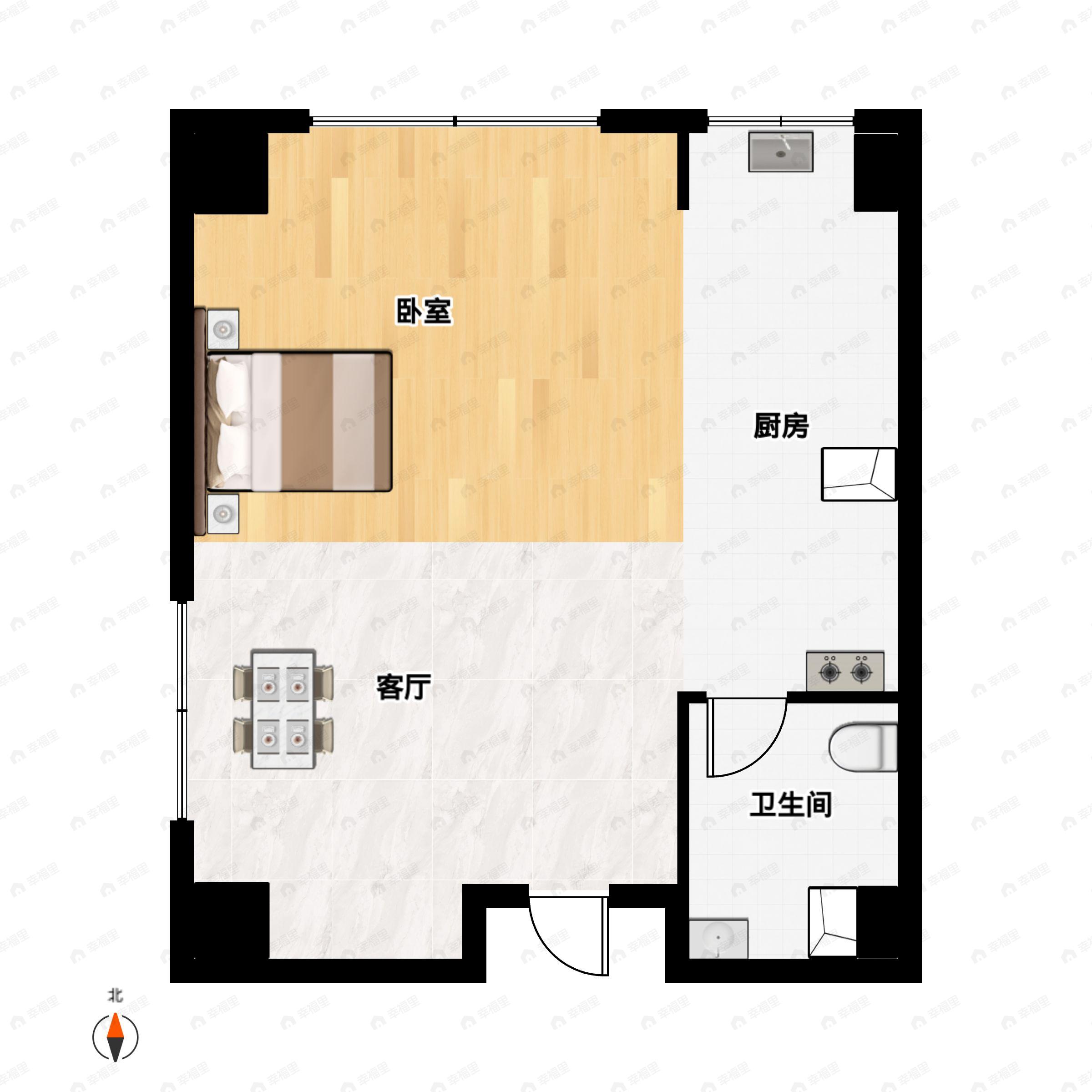 1室1厅1卫建面61平北户型图