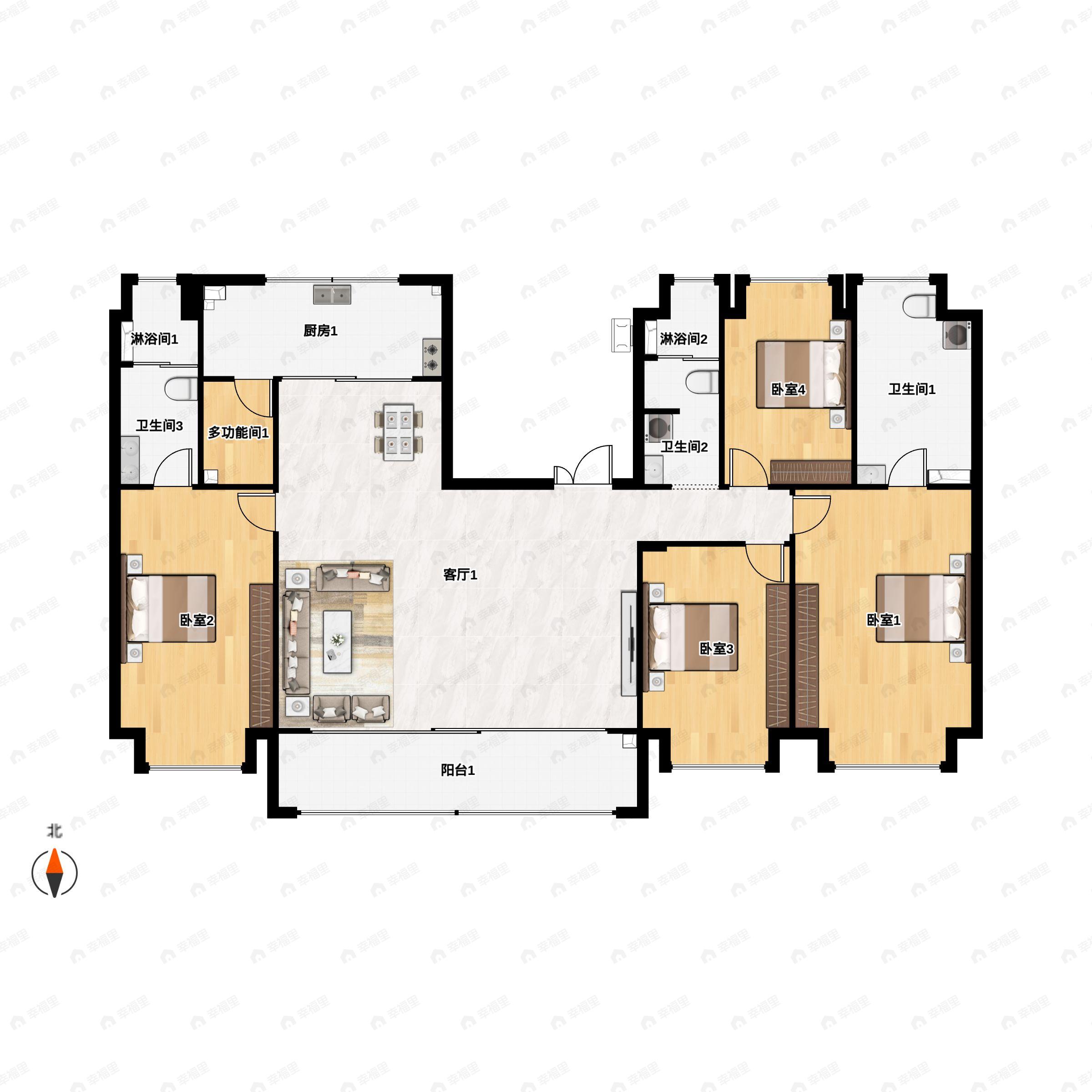 4室2厅3卫建面225m²南户型图