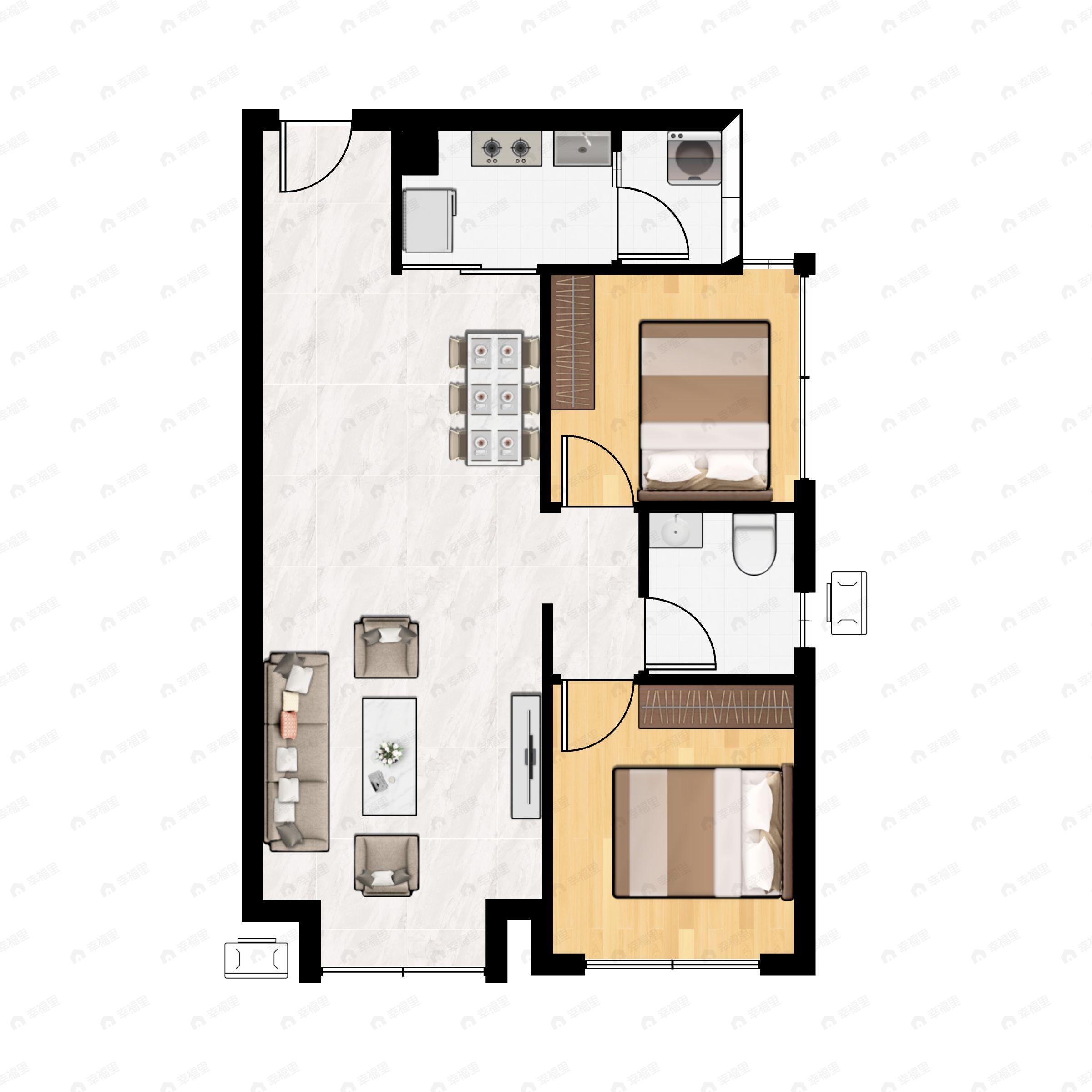 2室2厅1卫建面75m²南|北户型图