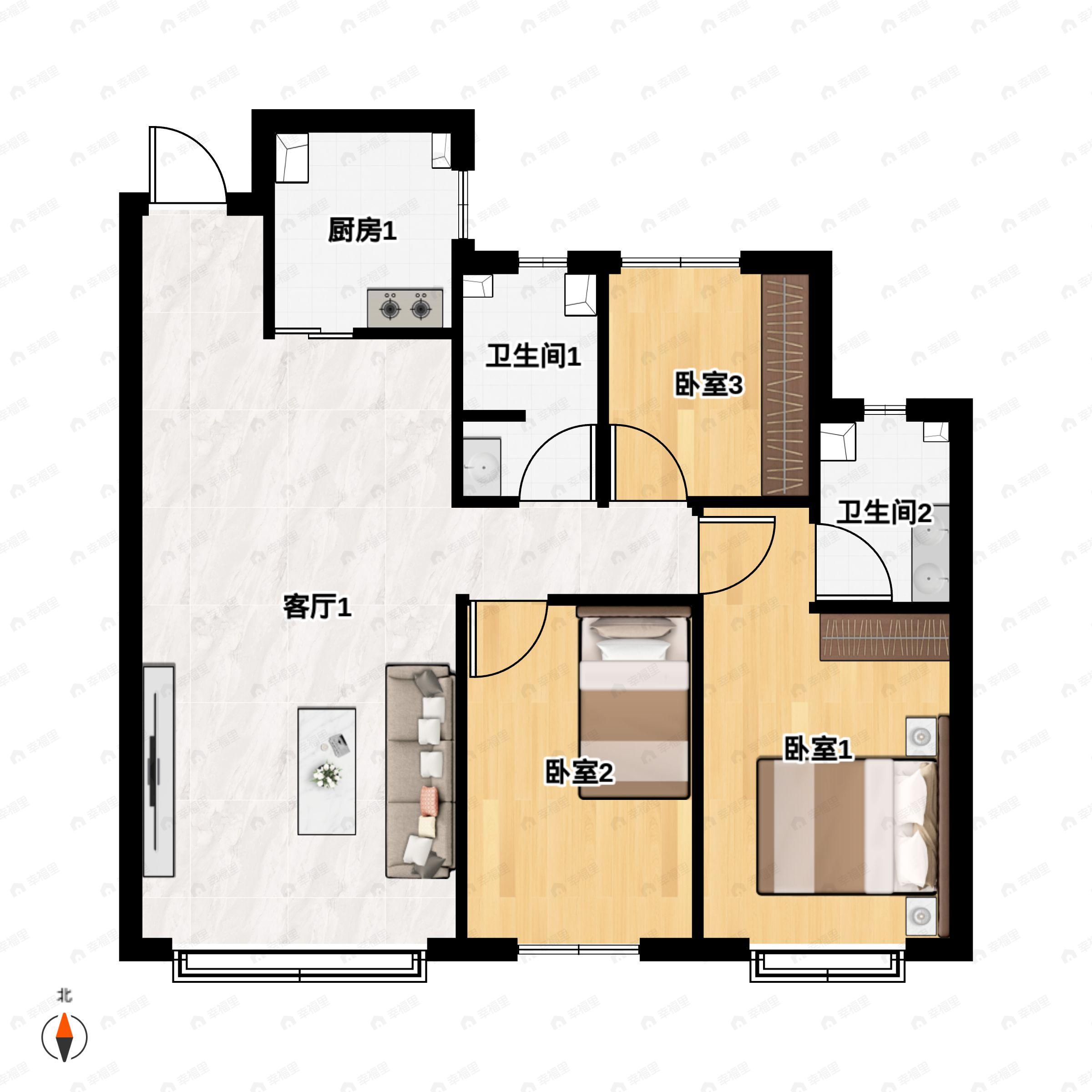 3室2厅2卫建面124平户型图