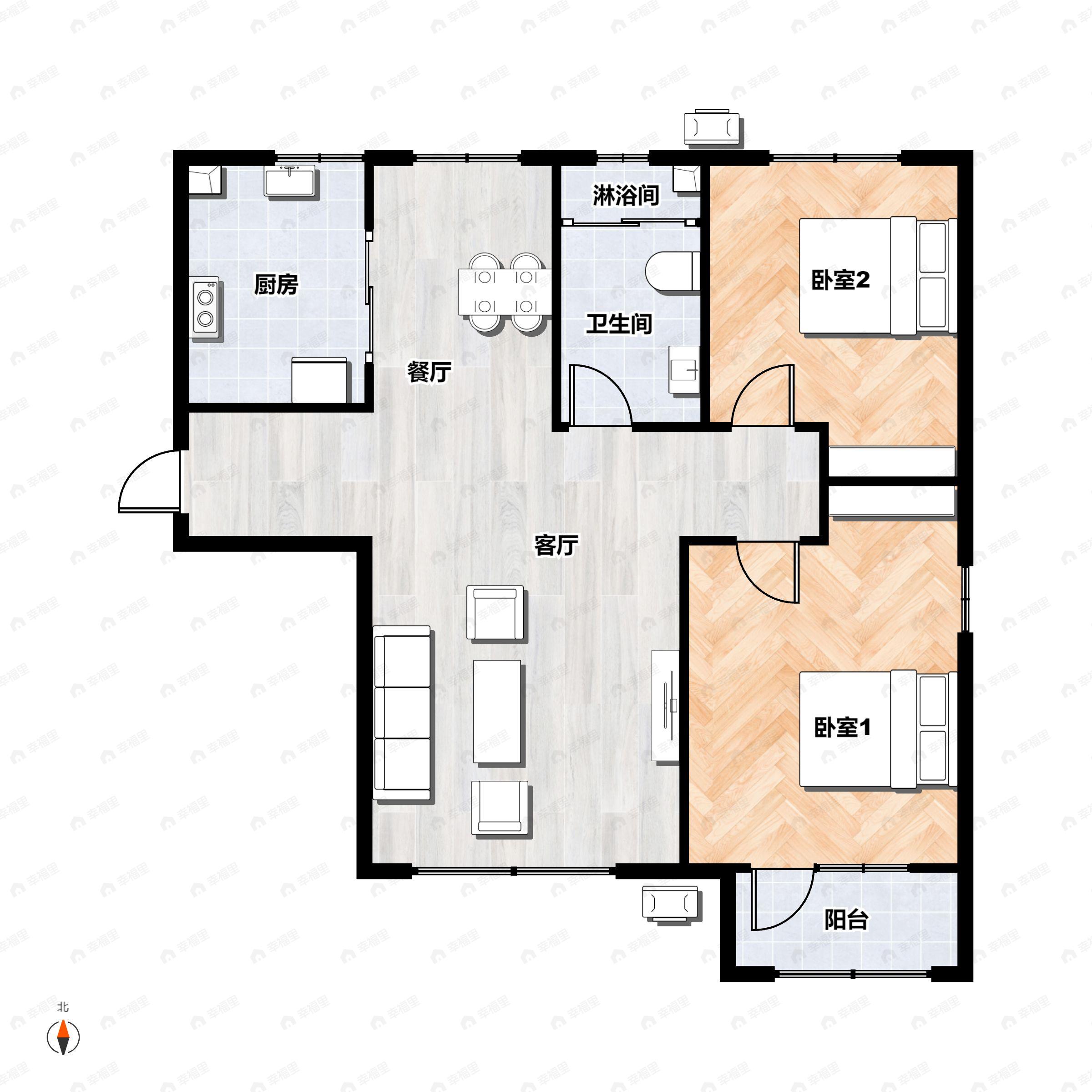 2室2厅1卫建面93平北户型图