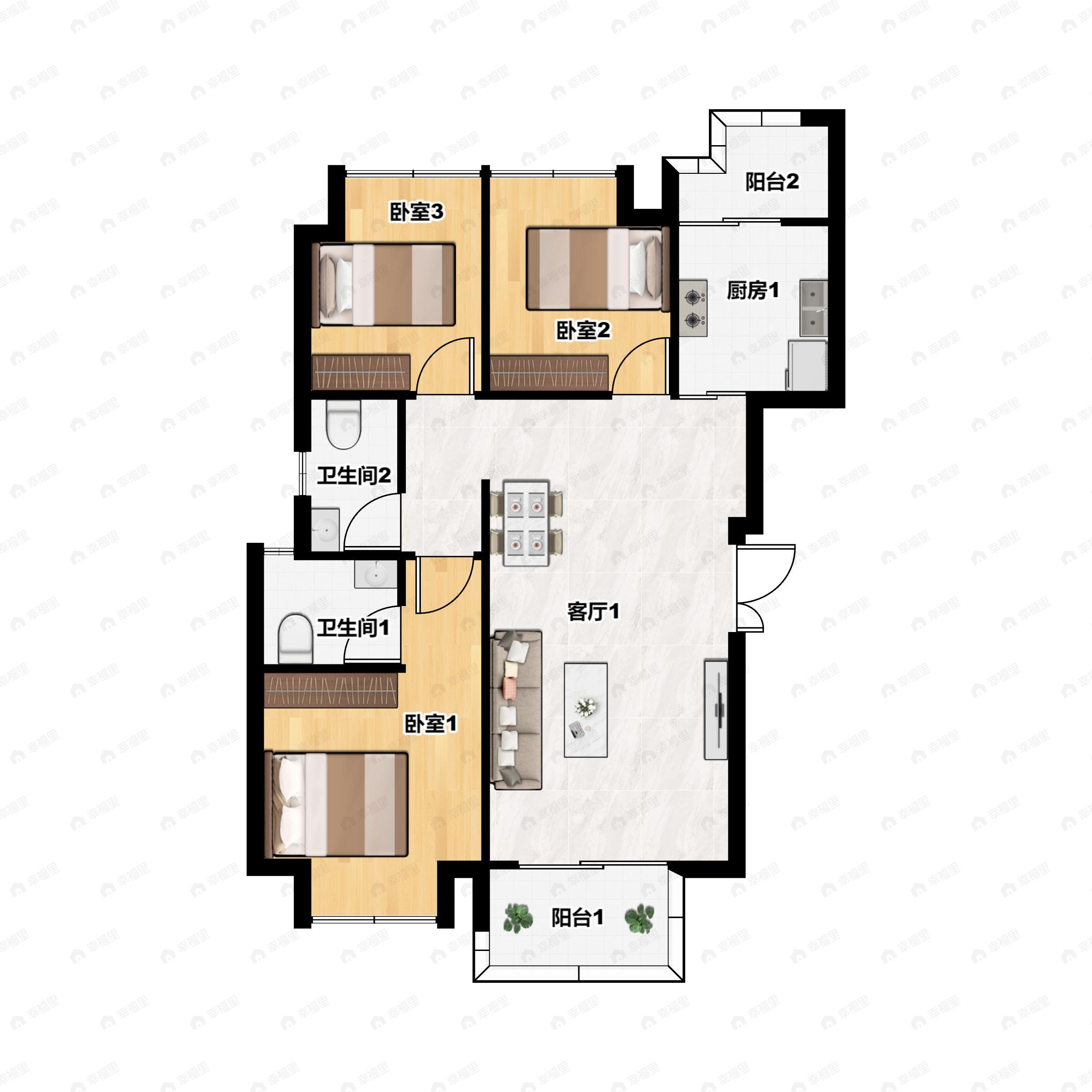 3室2厅2卫建面90m²南户型图