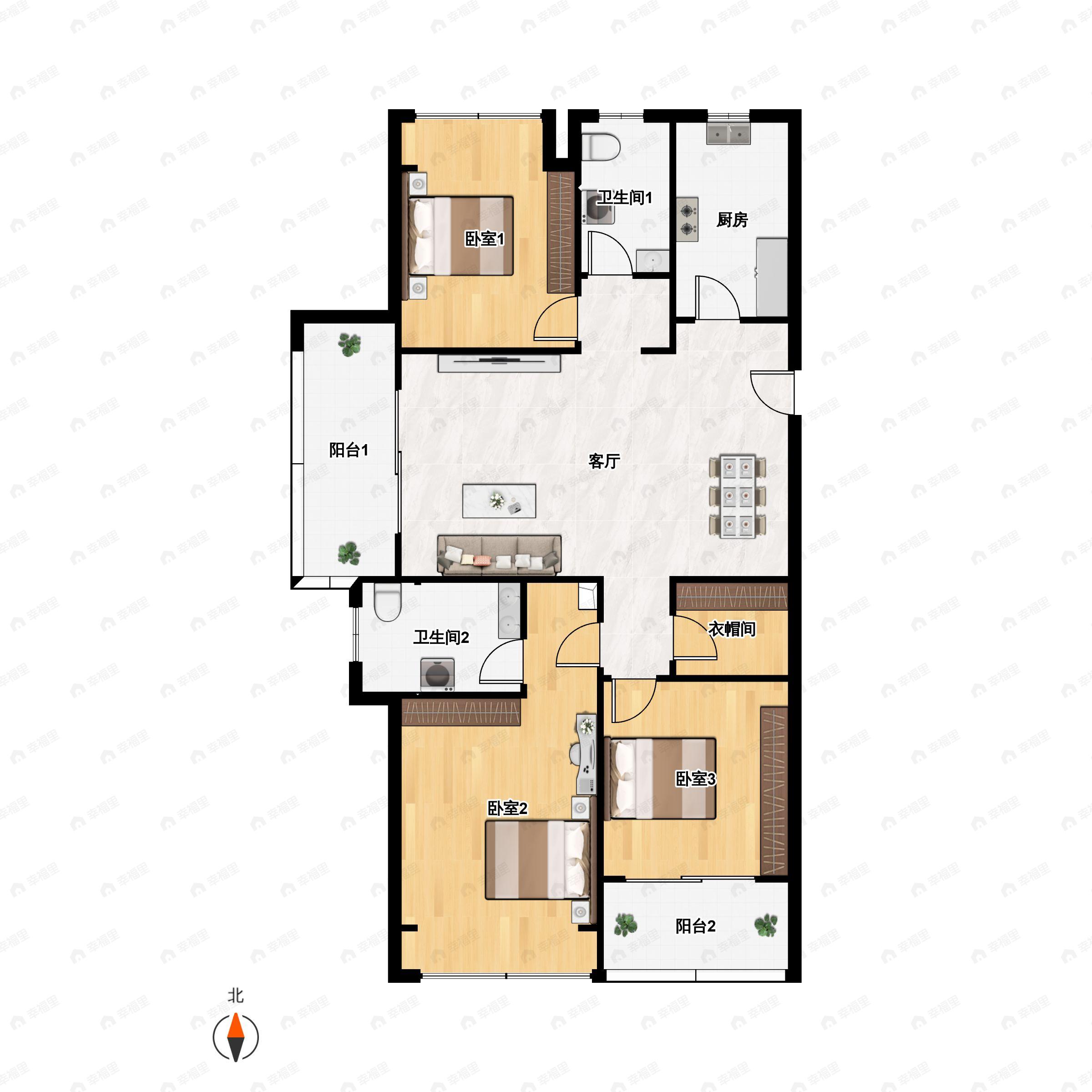 3室2厅2卫建面120平南户型图