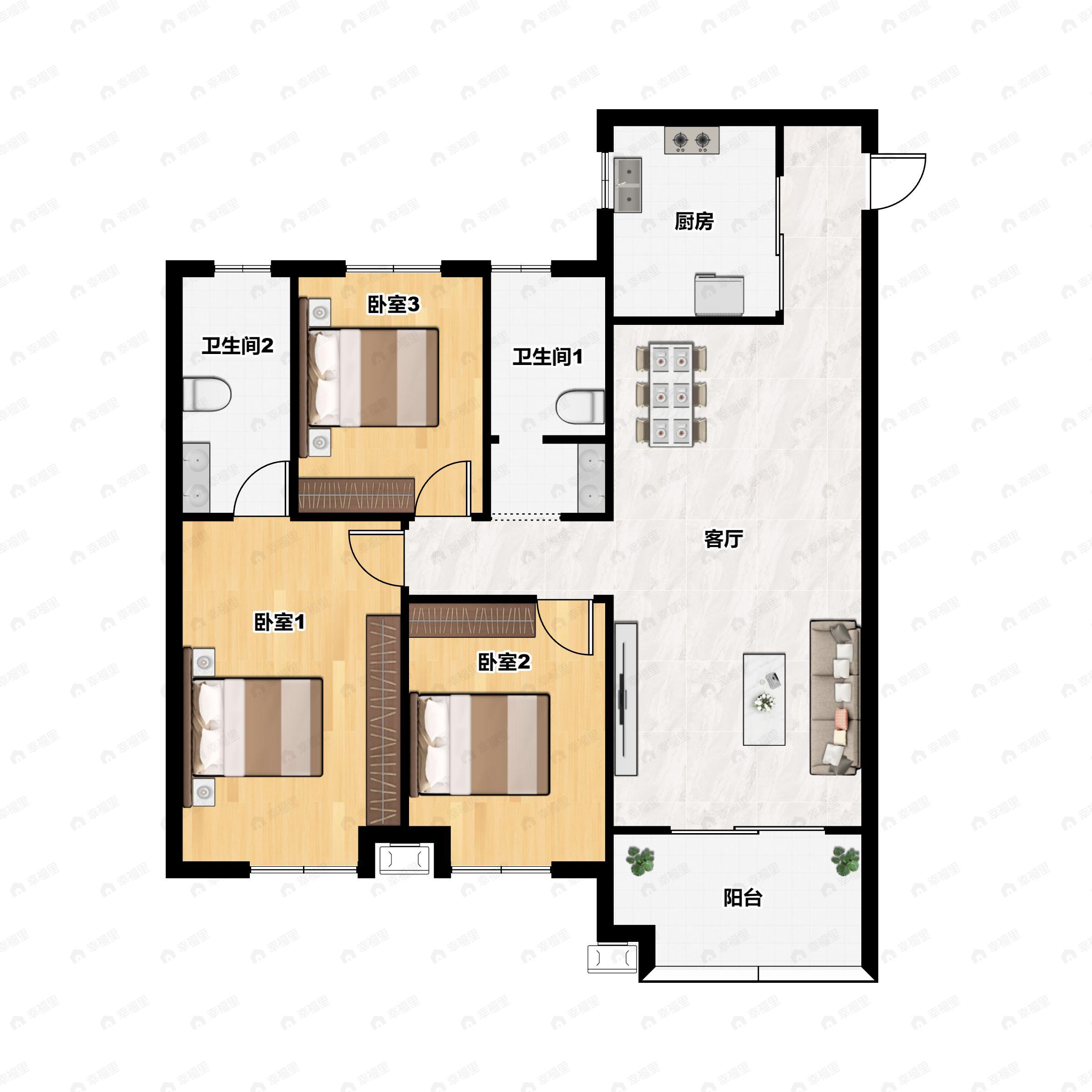 龙城裕府3室2厅2卫户型图