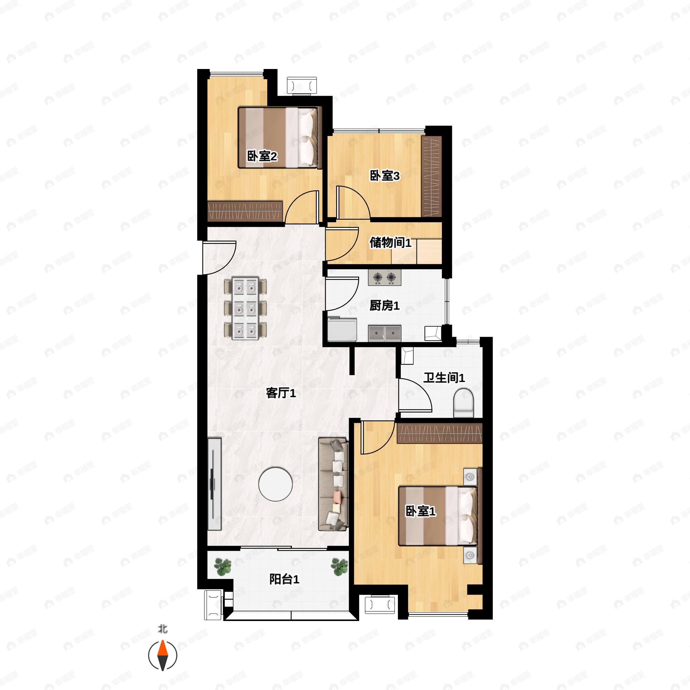 3室2厅1卫建面90平户型图