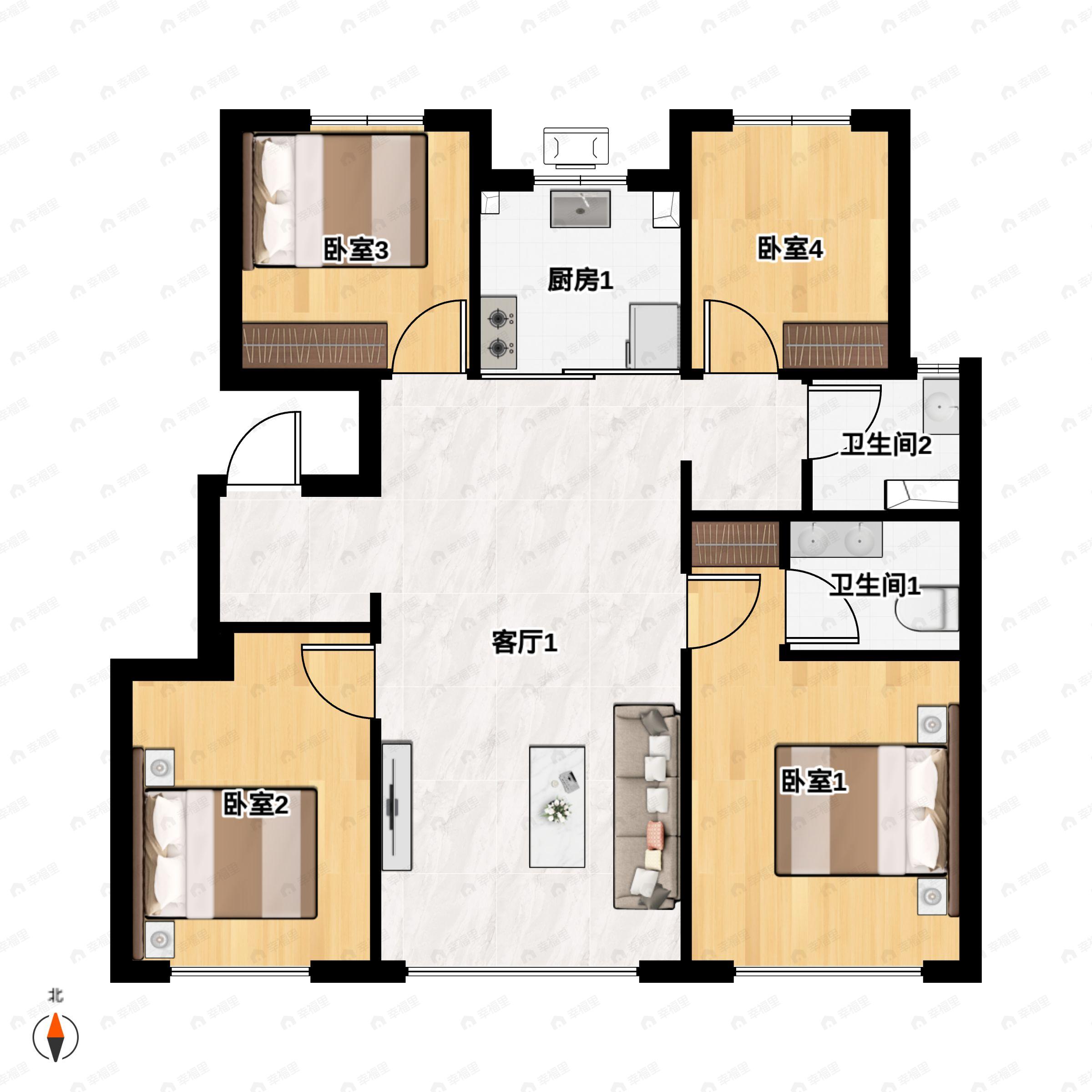 4室2厅2卫建面118平南|北户型图