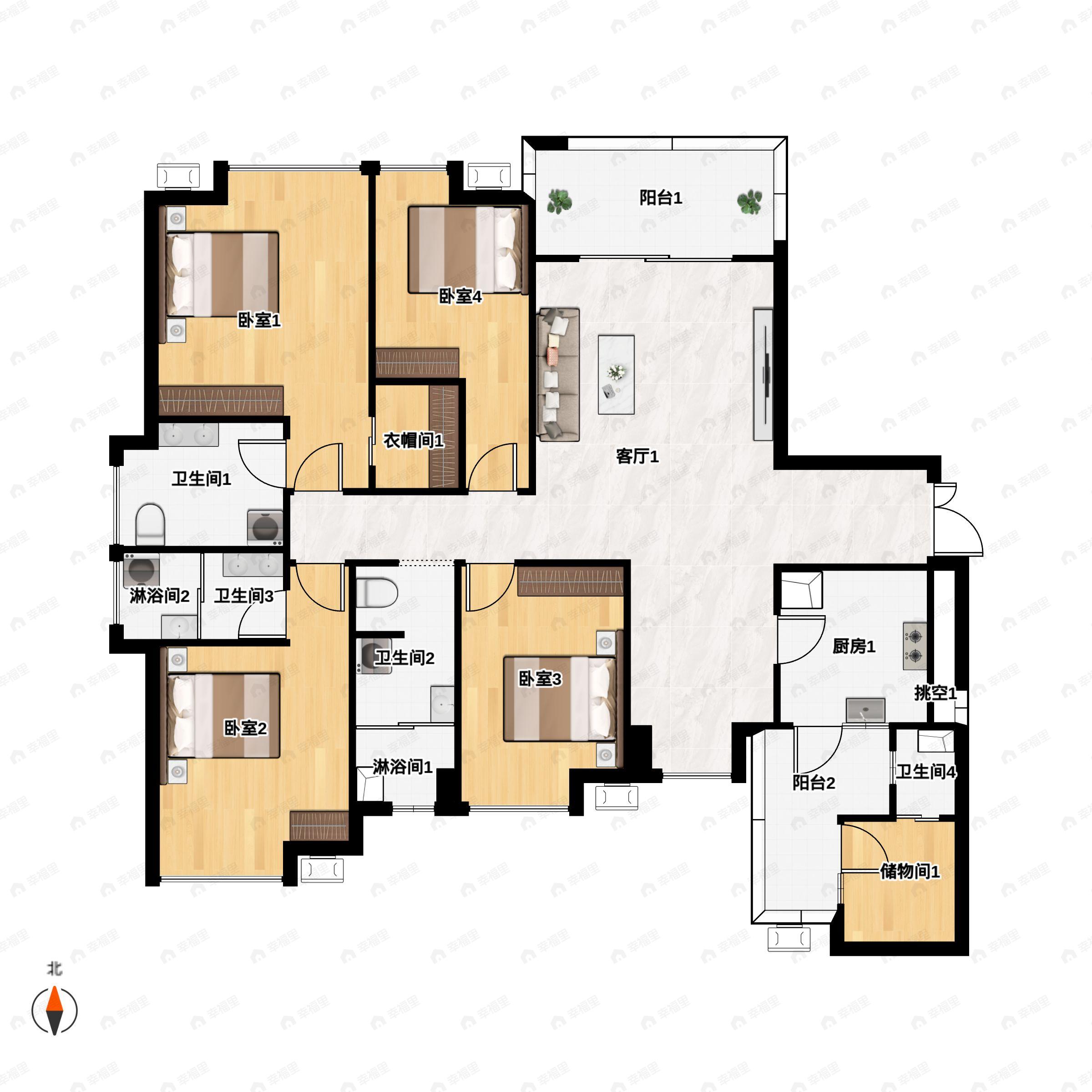 4室2厅4卫建面199平户型图
