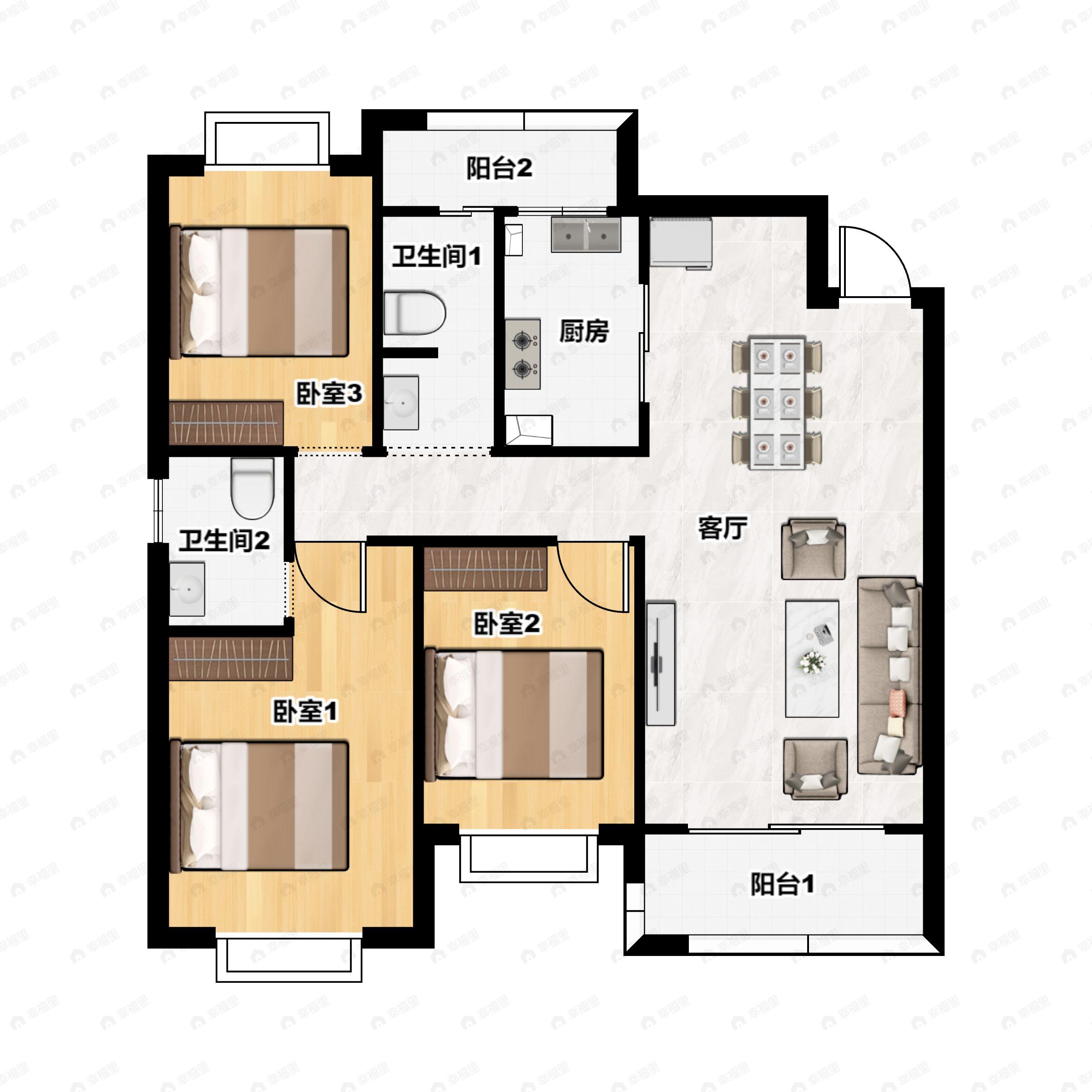 3室2厅2卫建面131m²南户型图
