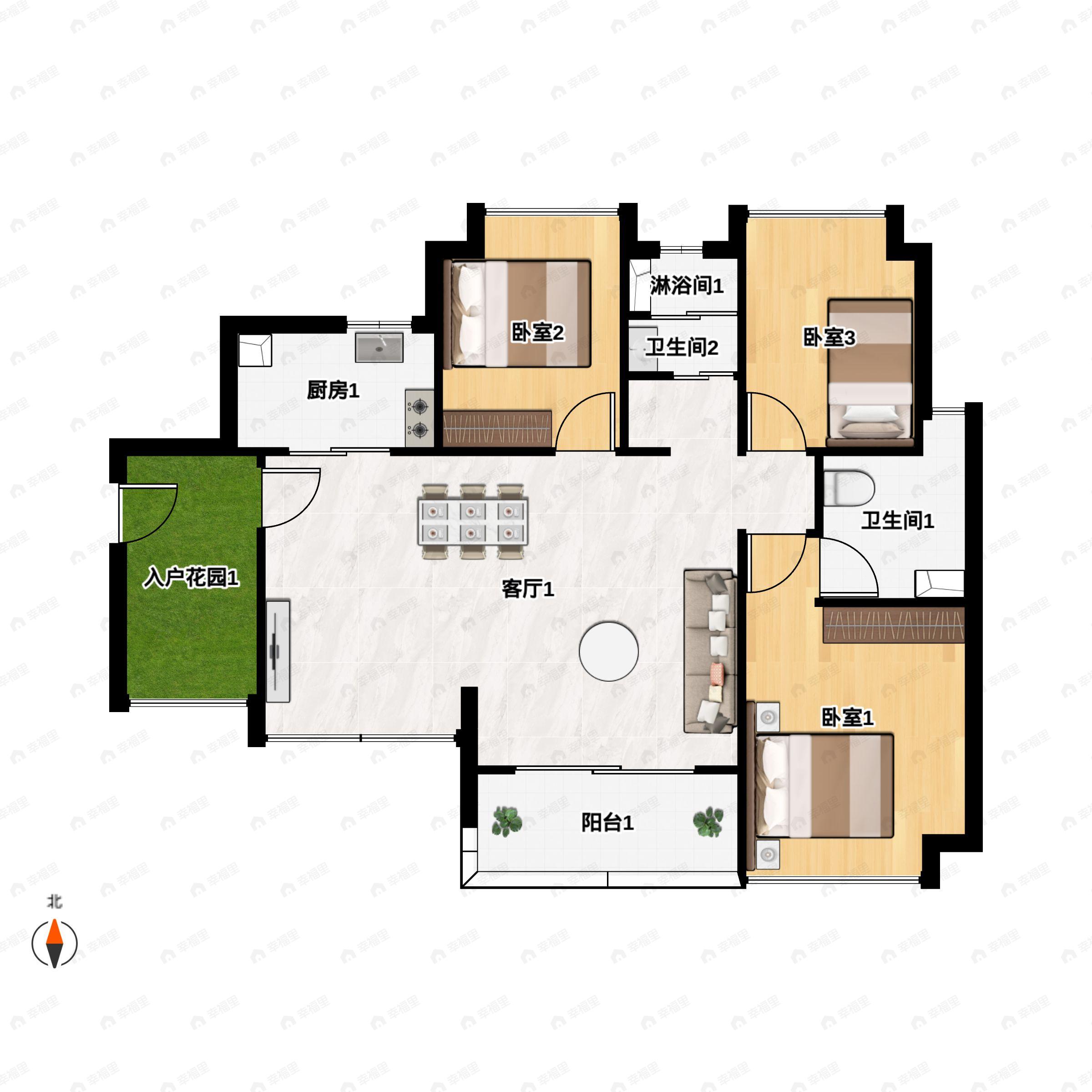 3室2厅2卫建面107平户型图