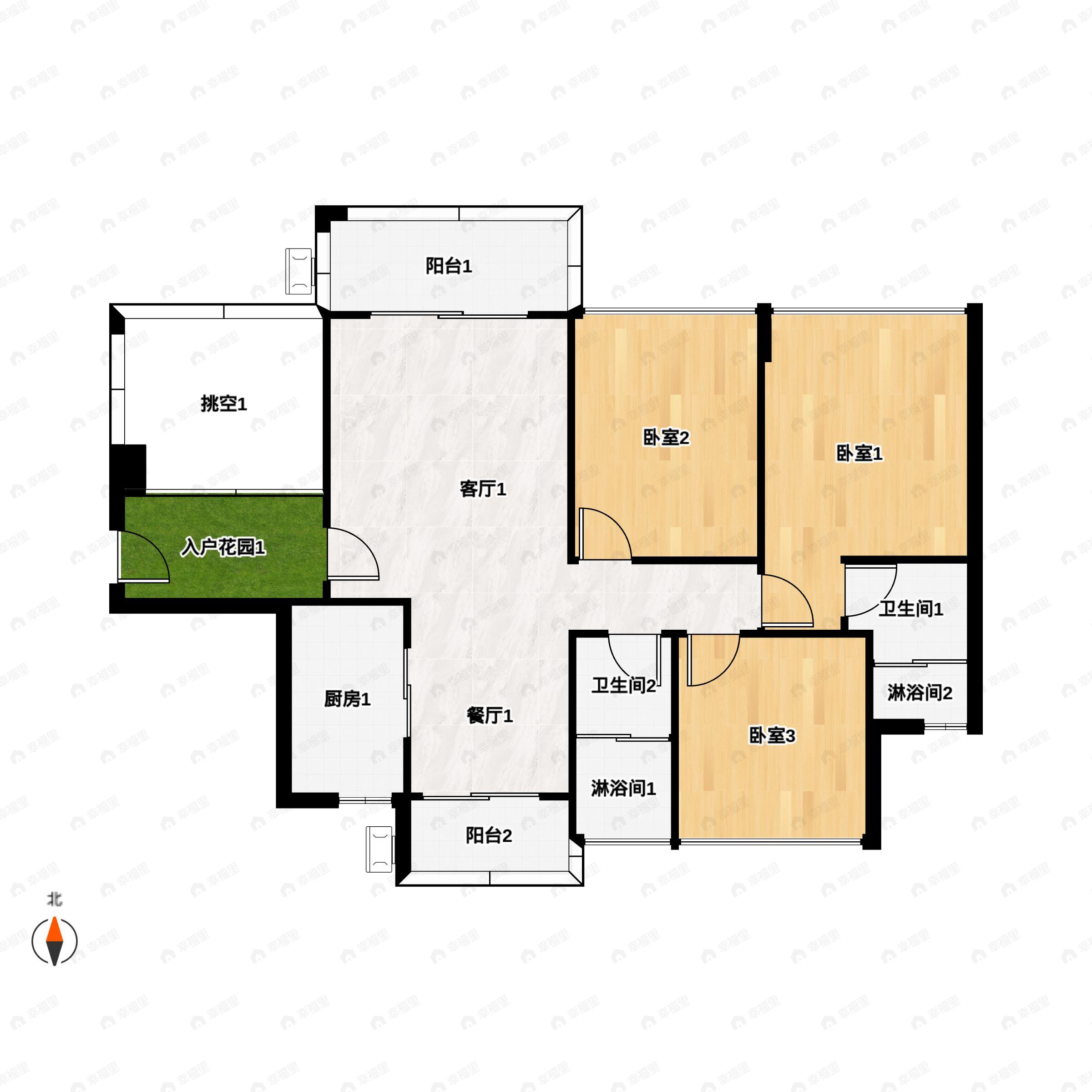 3室2厅2卫建面97m²南户型图
