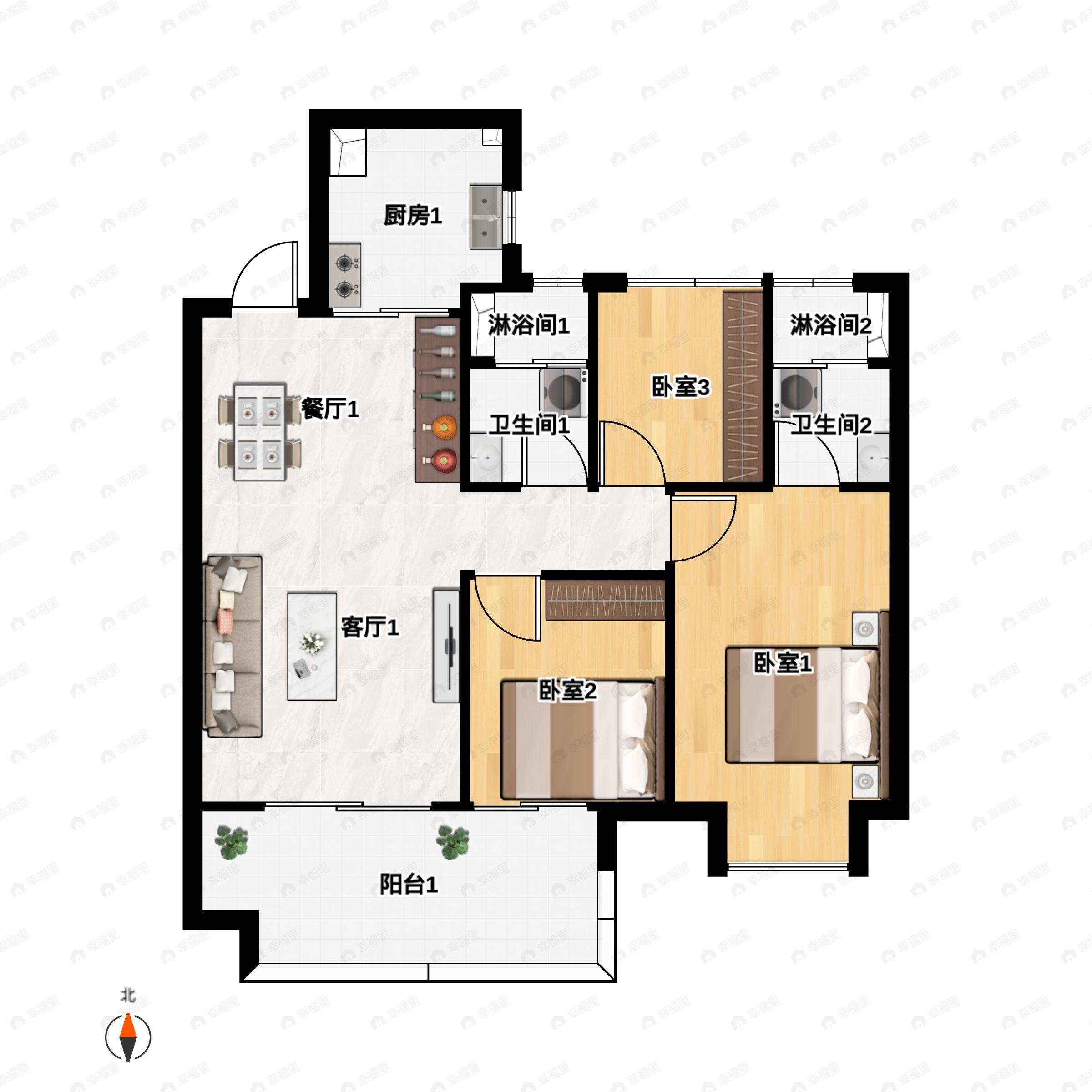 3室2厅2卫建面101平户型图