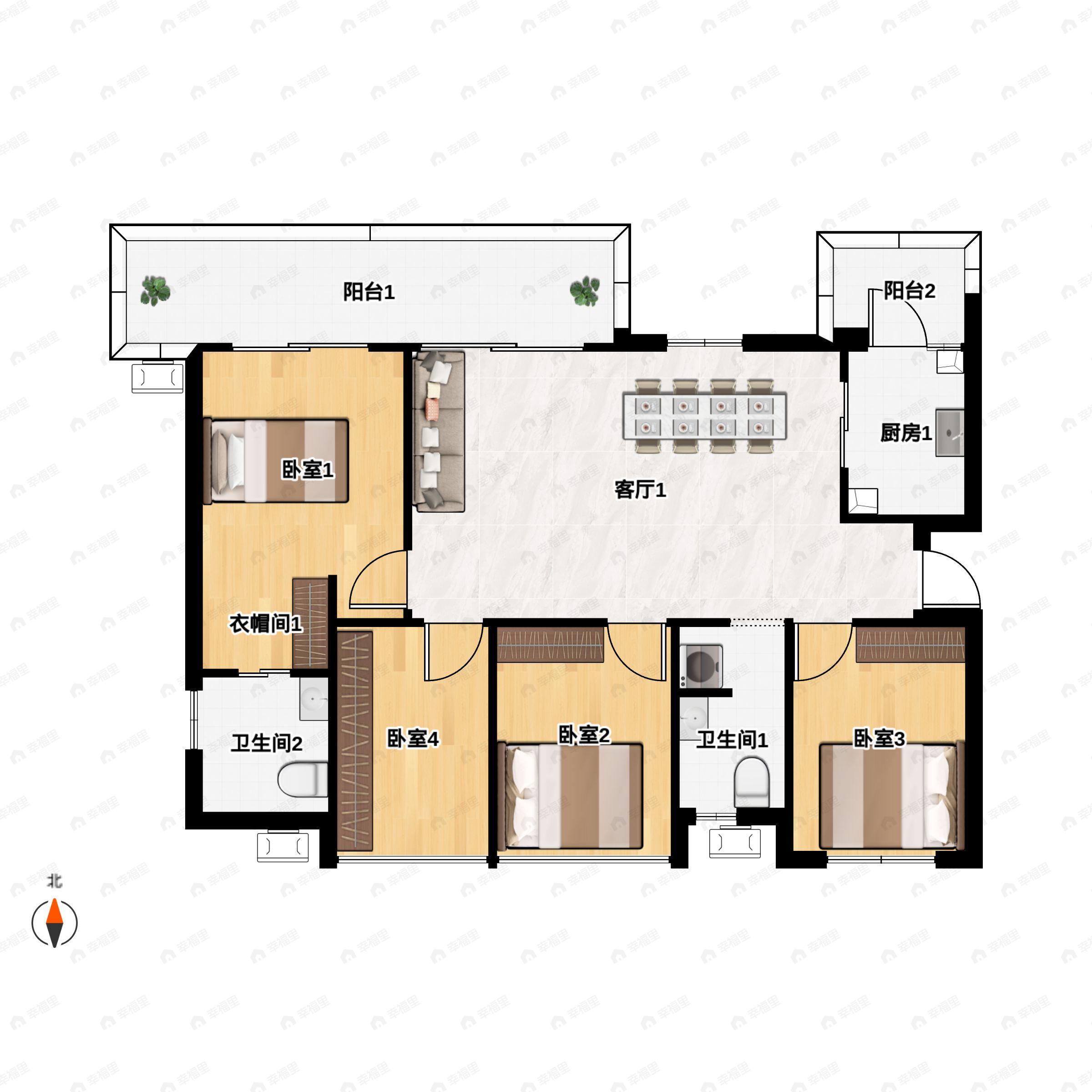 4室2厅2卫建面134平南户型图