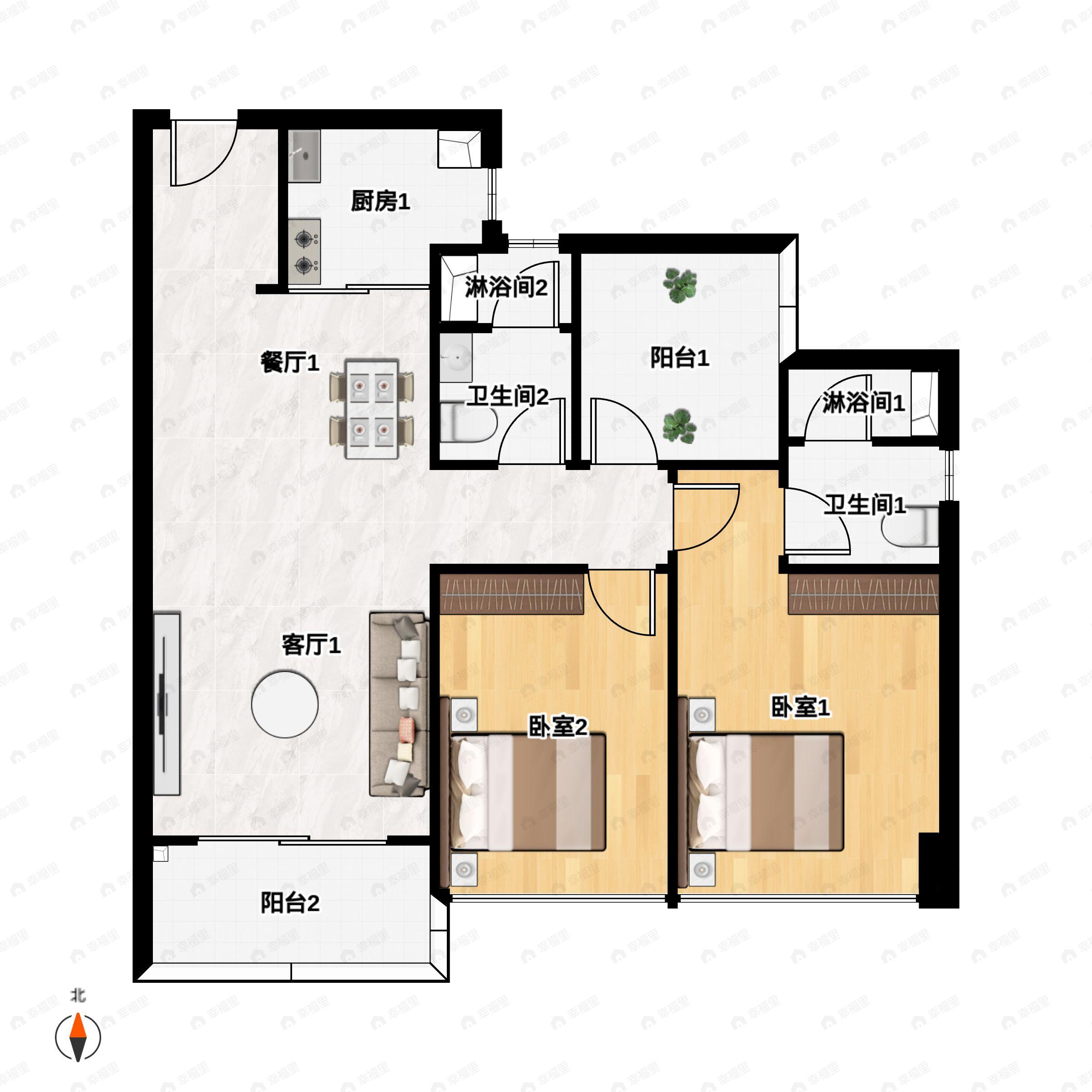 3室2厅2卫建面90平南户型图
