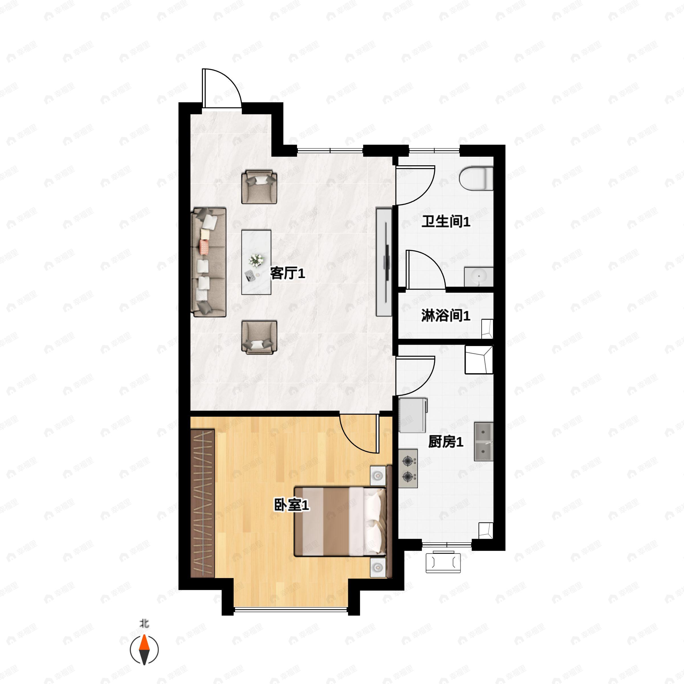 1室2厅1卫建面58平南|北户型图