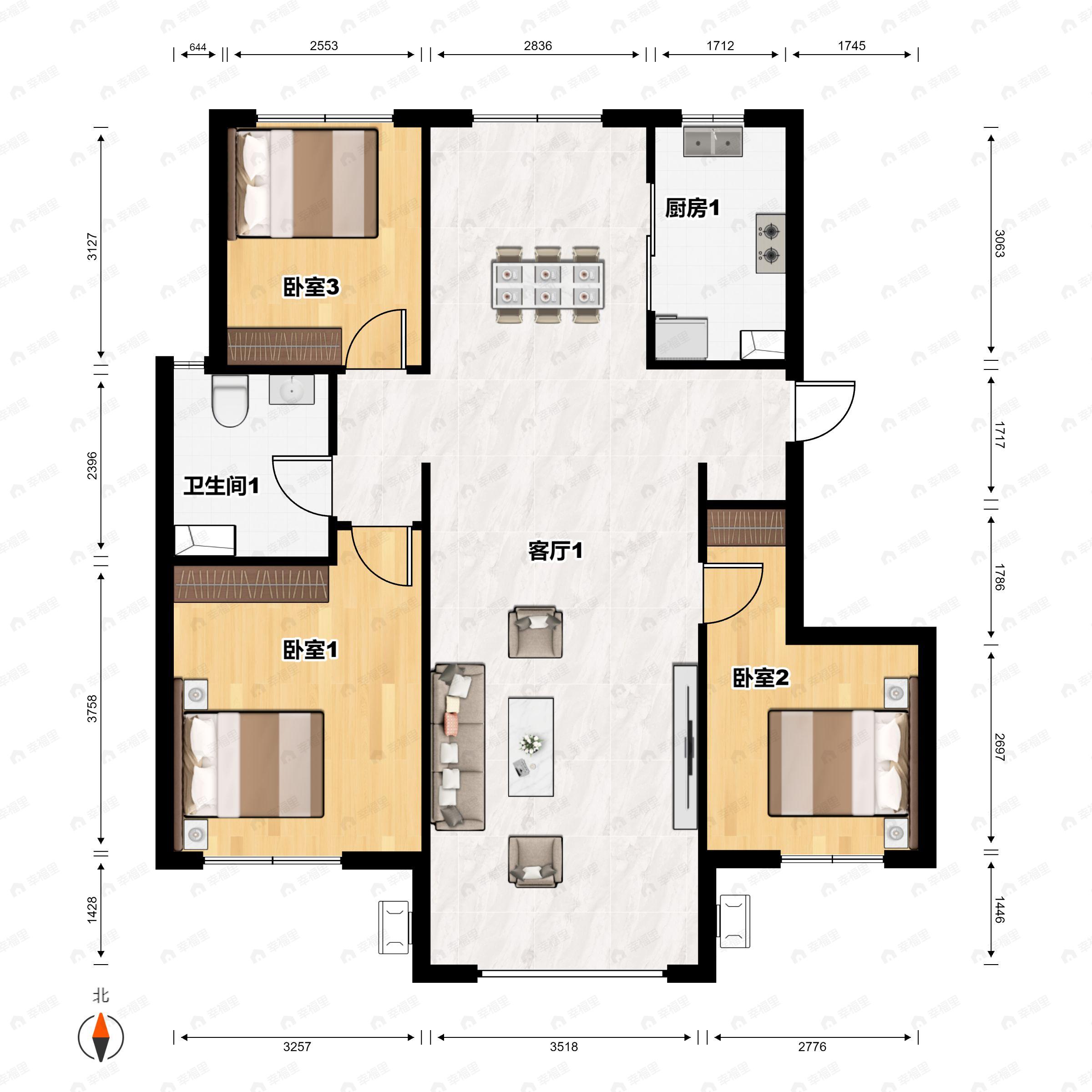3室2厅1卫建面105平户型图