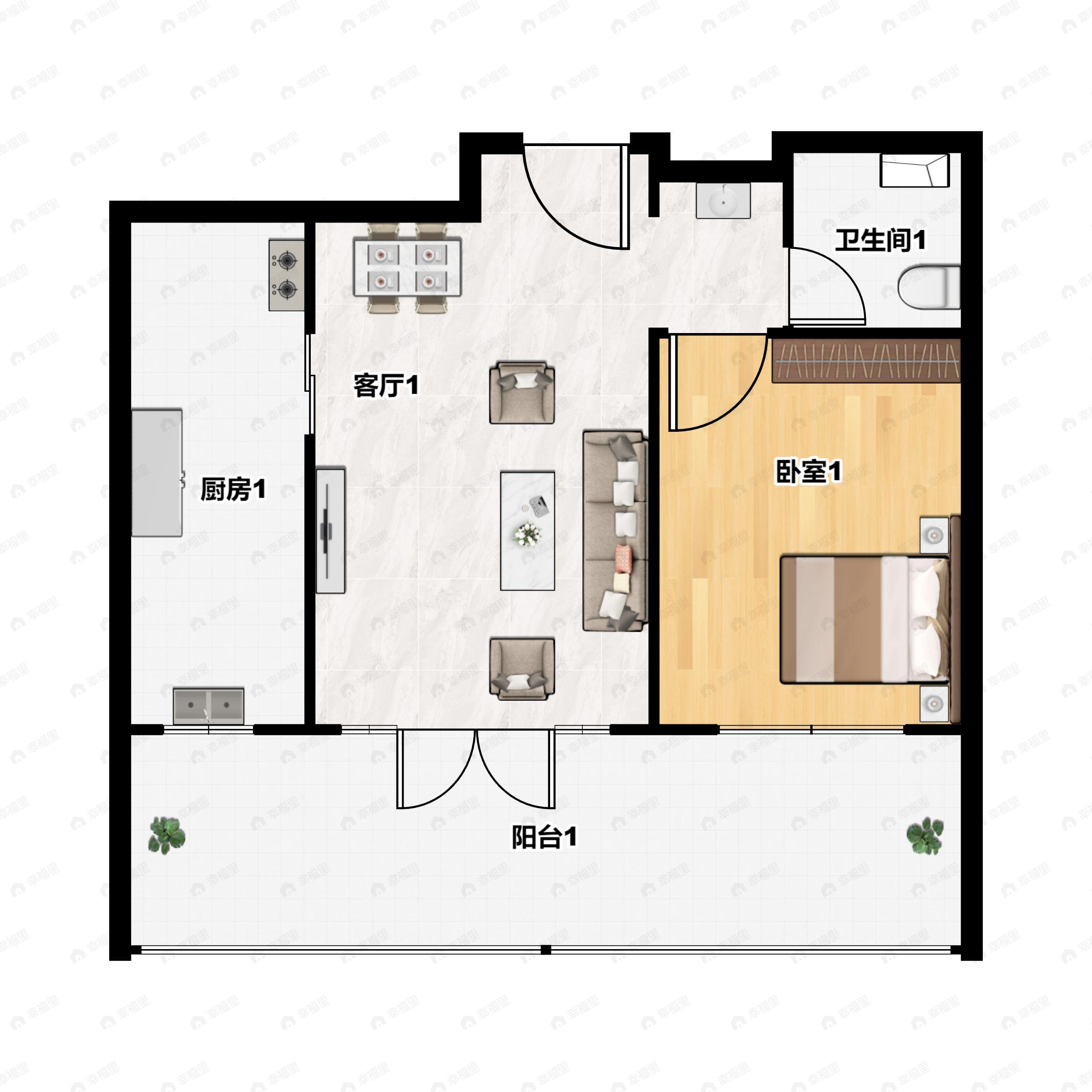 1室2厅1卫建面65m²南户型图