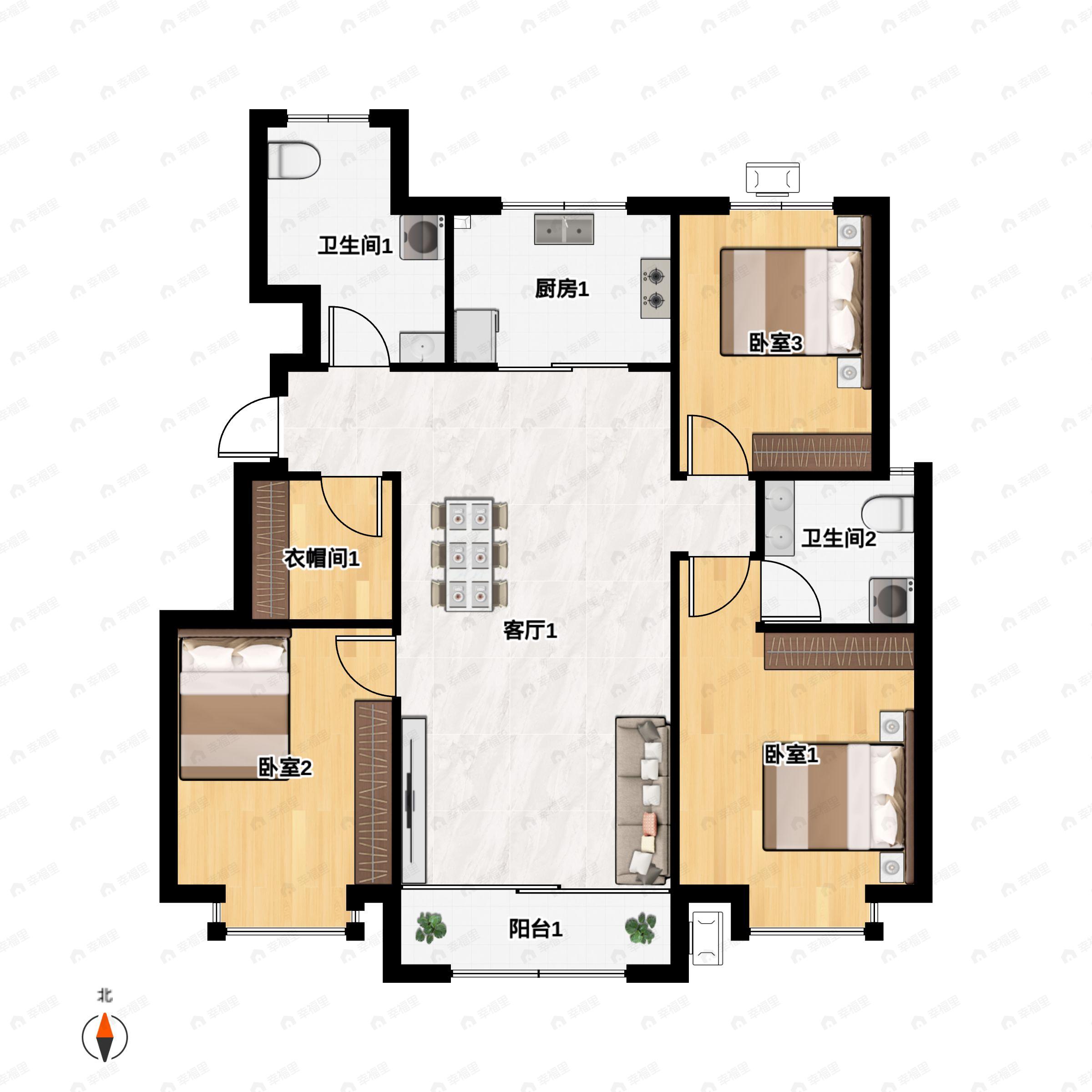 3室2厅2卫建面123平户型图