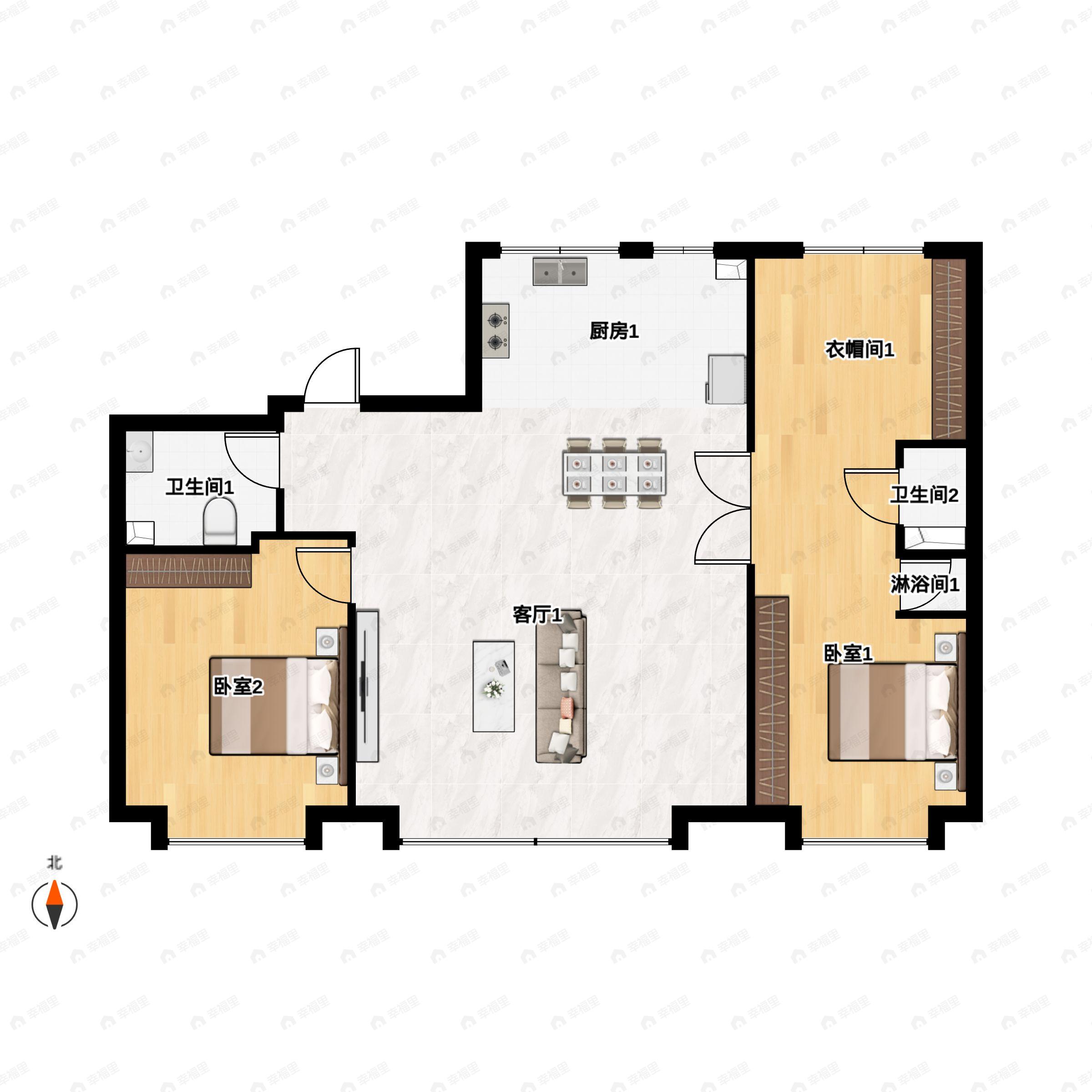 2室2厅2卫建面125平户型图